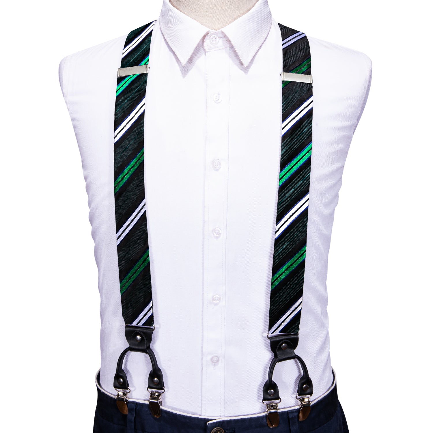 Green White Striped Y Back Adjustable Bow Tie Suspenders Set