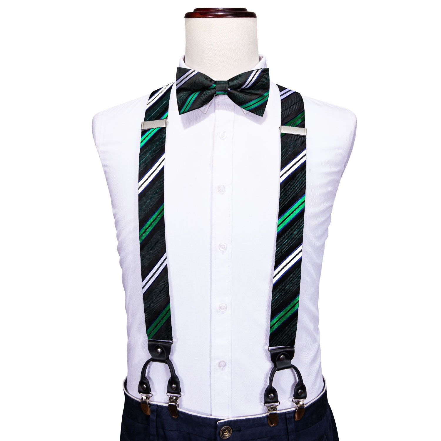 Black Tie Green White Striped Y Back Adjustable Bow Tie Suspenders