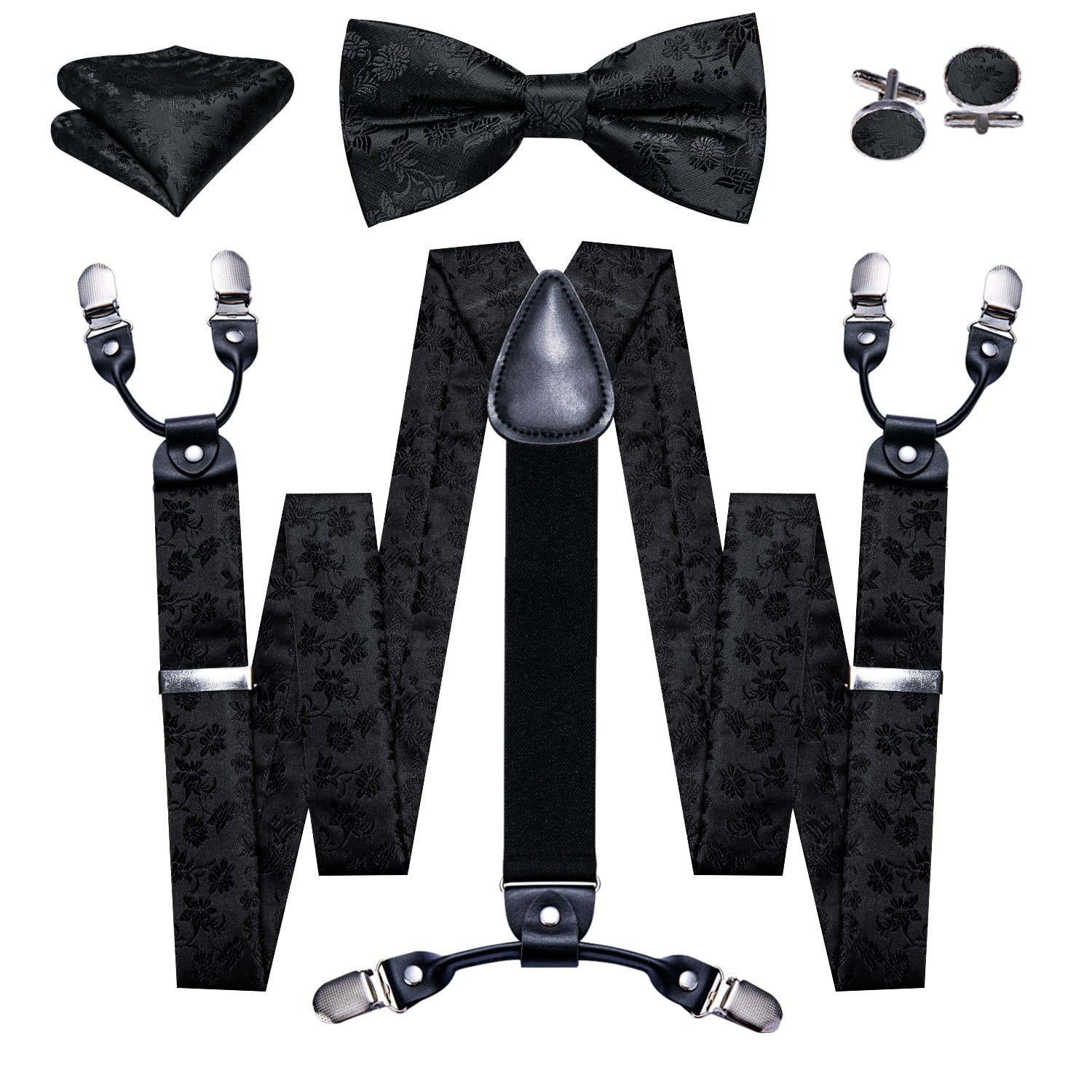 Luxury Black Paisley Y Back Adjustable Bow Tie Suspenders Set
