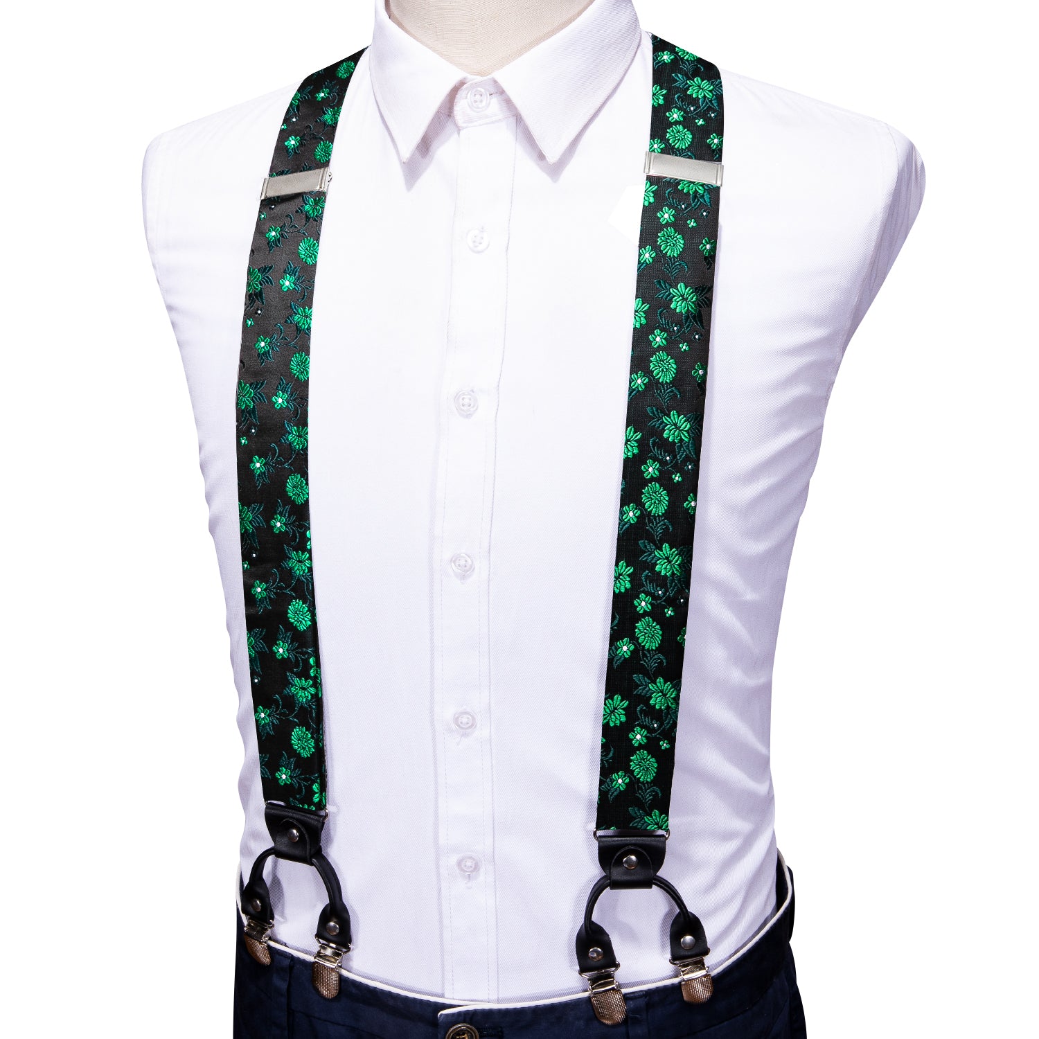 Green Black Flower Y Back Adjustable Bow Tie Suspenders Set