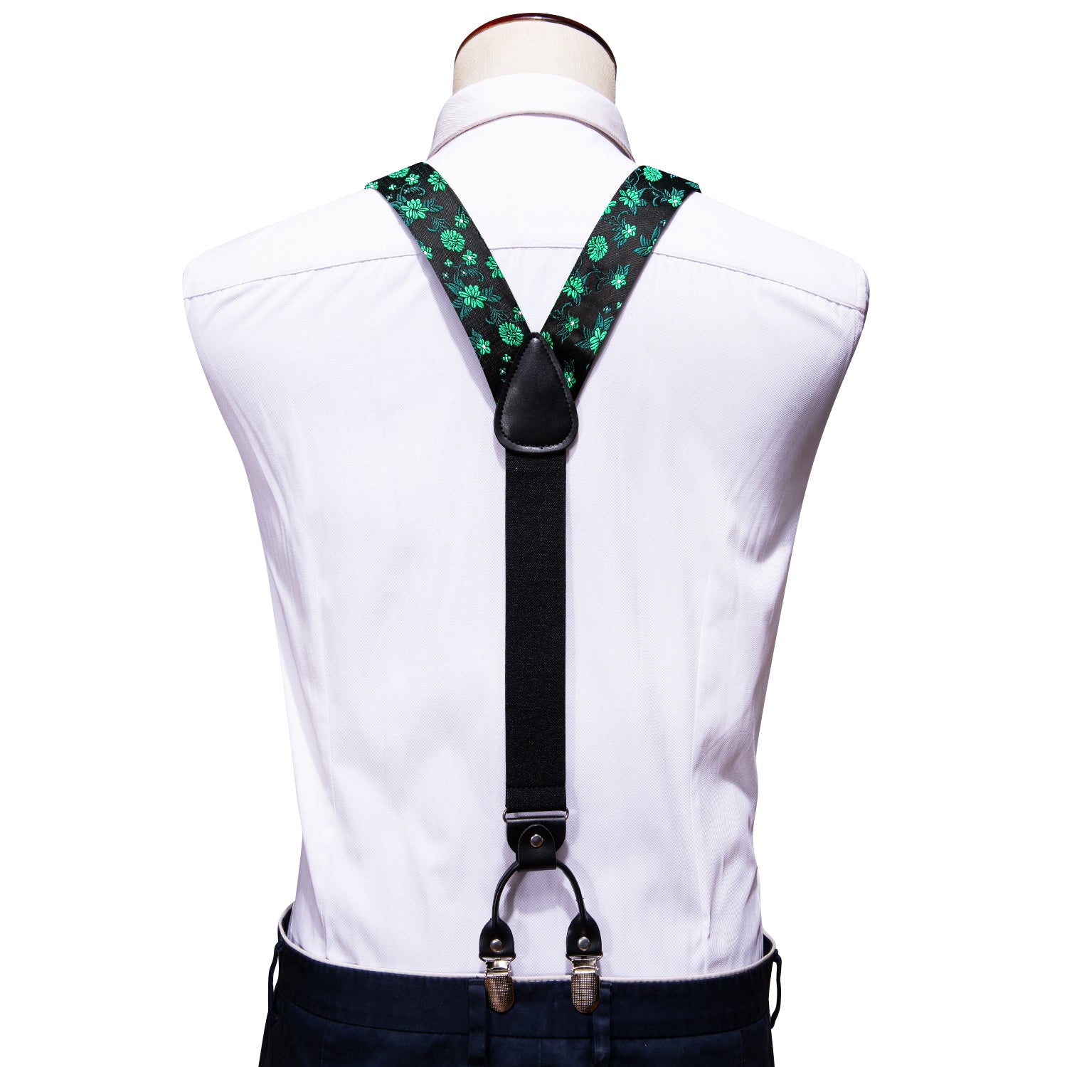 Green Black Flower Y Back Adjustable Bow Tie Suspenders Set