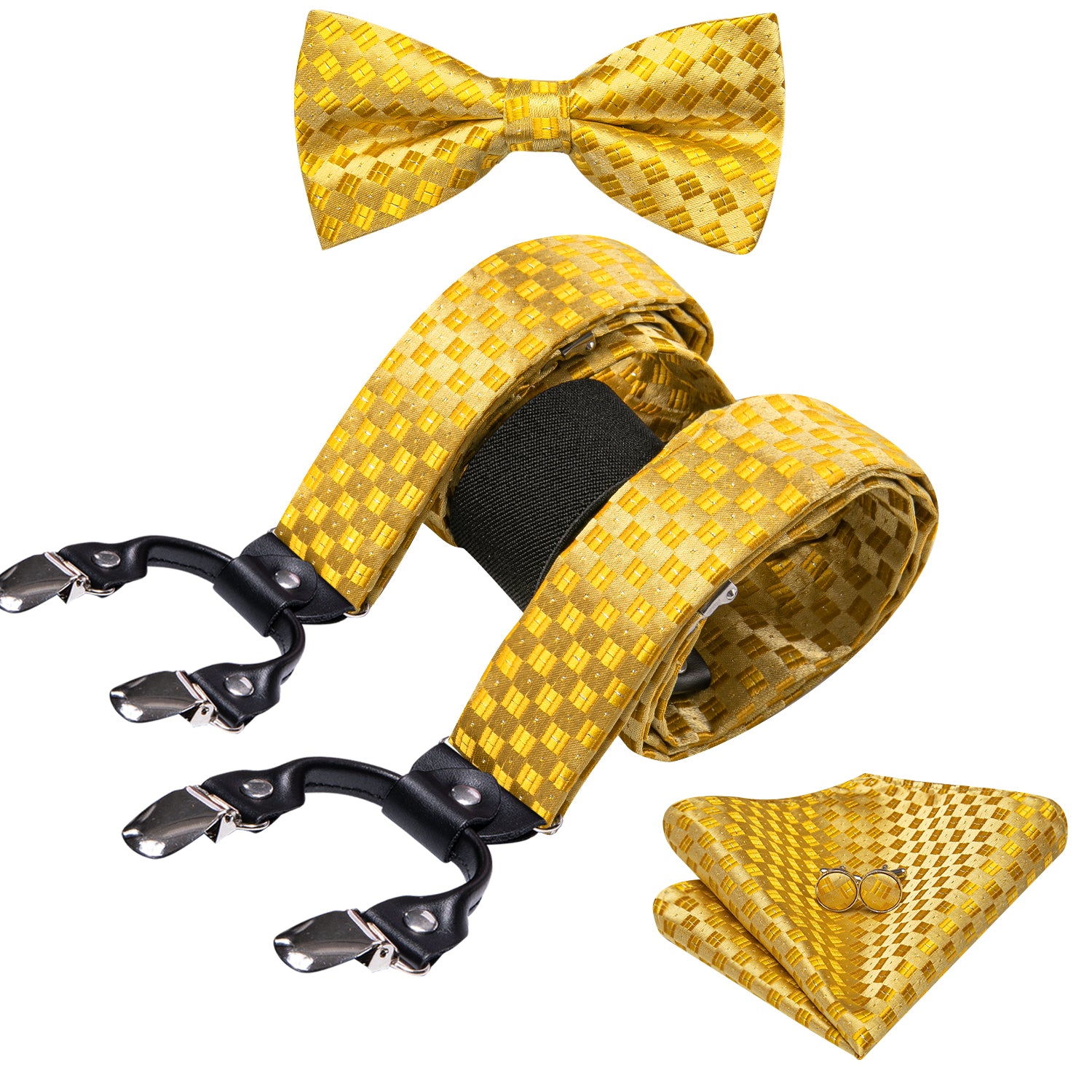 Barry.wang Gold Tie Yellow Plaid Y Back Adjustable Bow Tie Suspenders Set