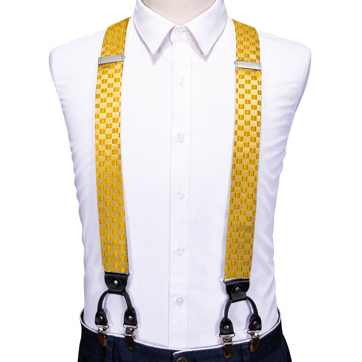 Gold Yellow Plaid Y Back Adjustable Bow Tie Suspenders Set