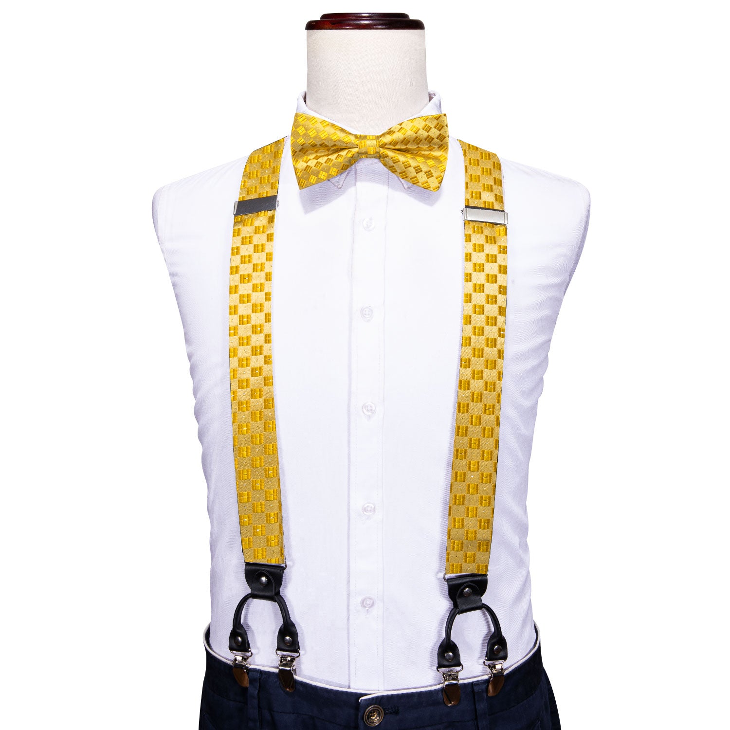 Gold Tie Yellow Plaid Y Back Adjustable Bow Tie Suspenders