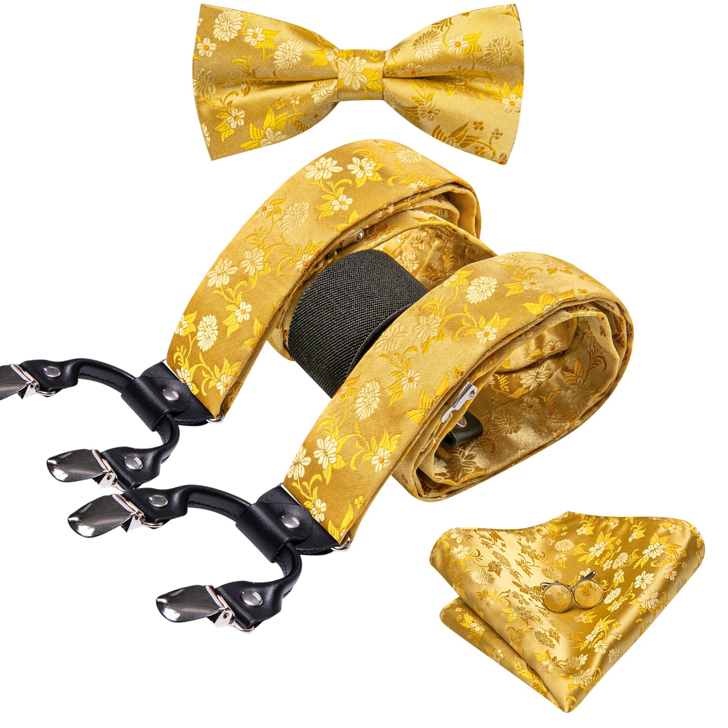 Barry.wang Gold Tie Flower Y Back Adjustable Suspenders Bow Tie Set
