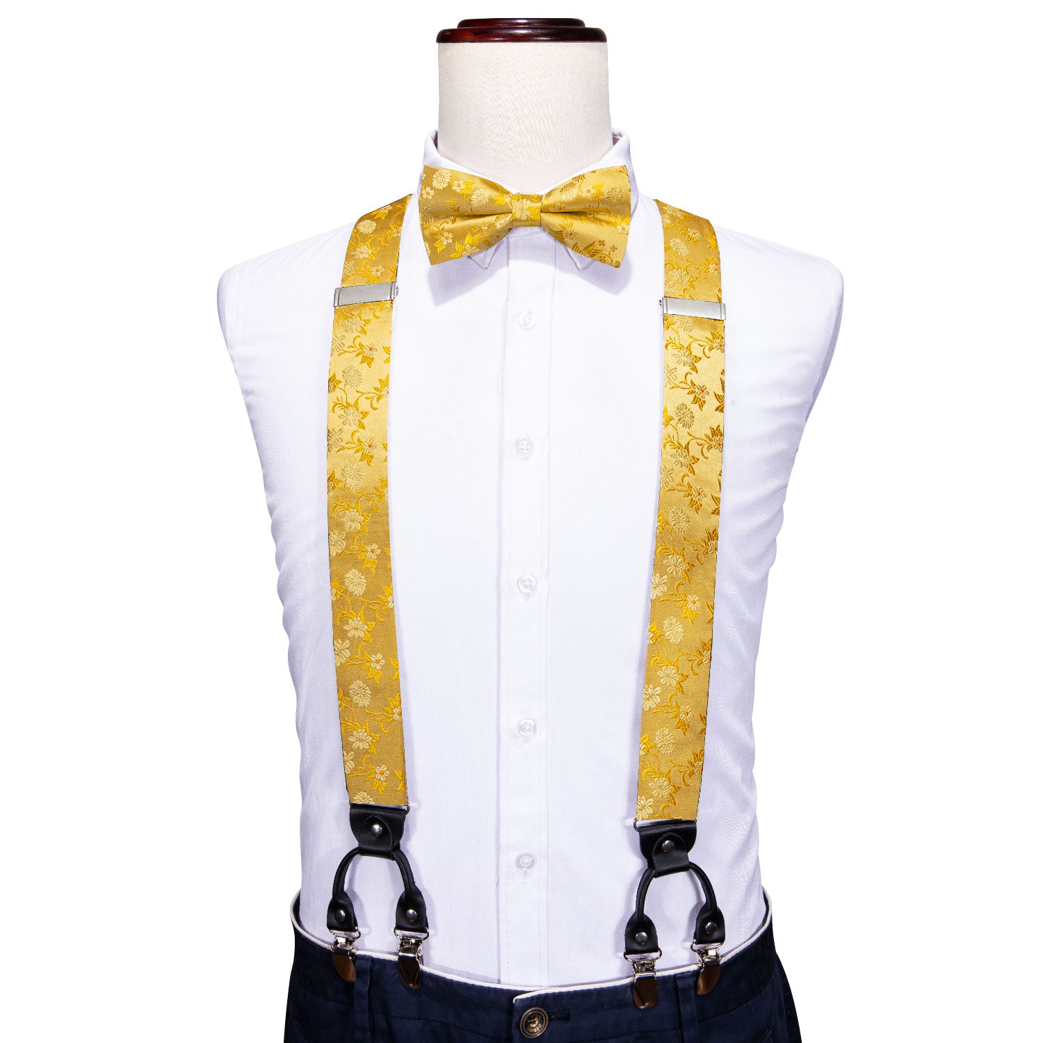 Gold Flower Y Back Adjustable Bow Tie Suspenders Set