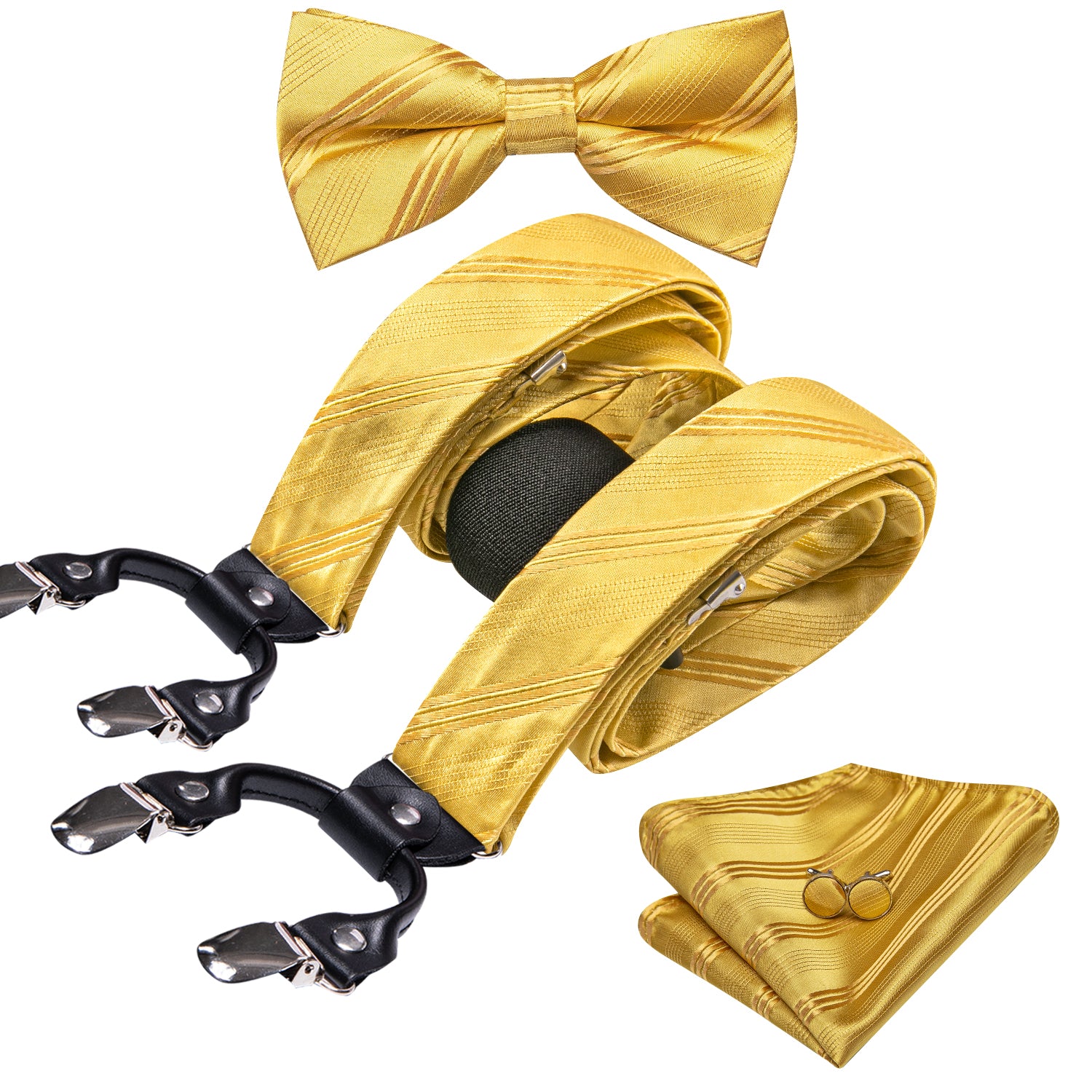 Gold Striped Y Back Adjustable Bow Tie Suspenders Set