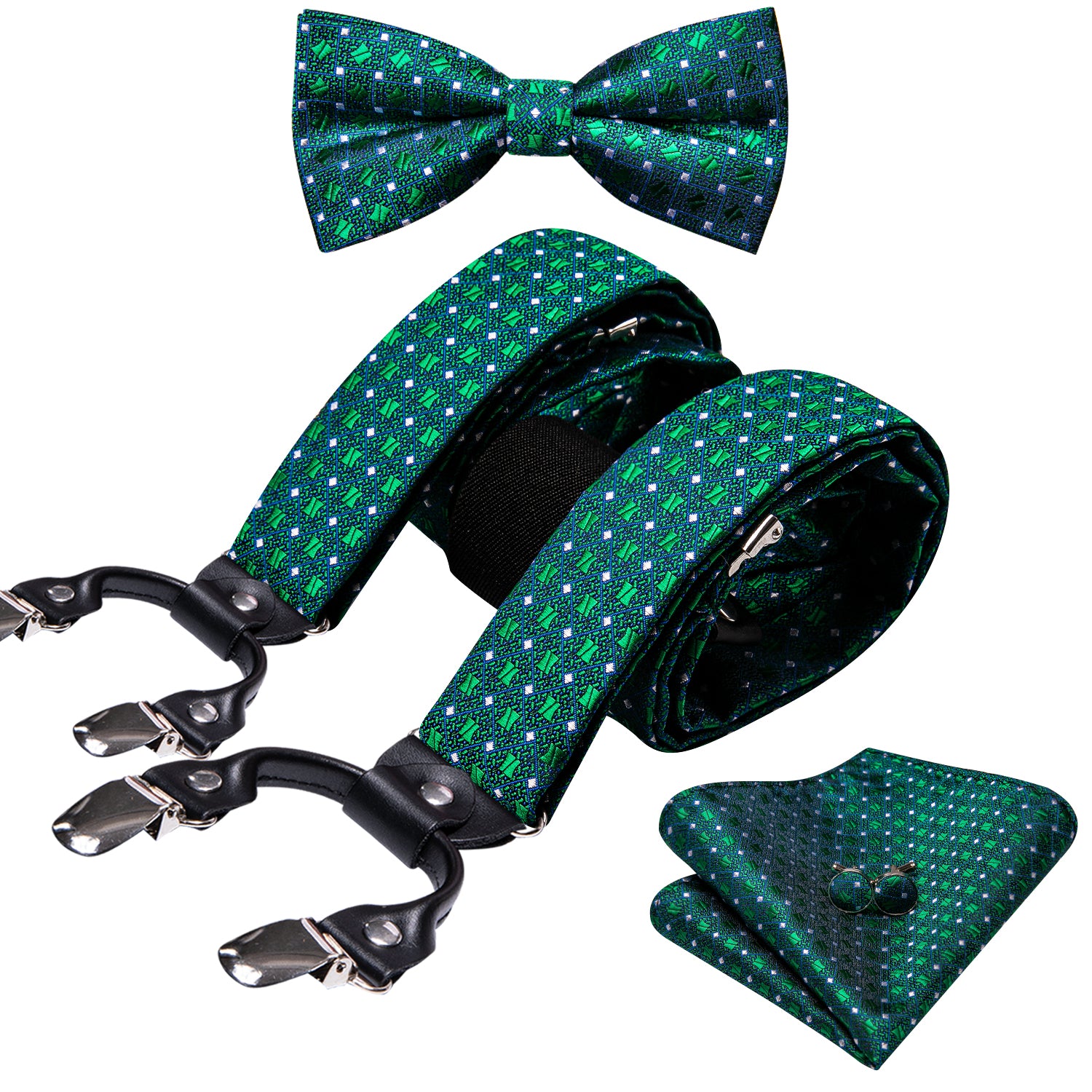 Novetly Green White Y Back Adjustable Bow Tie Suspenders Set