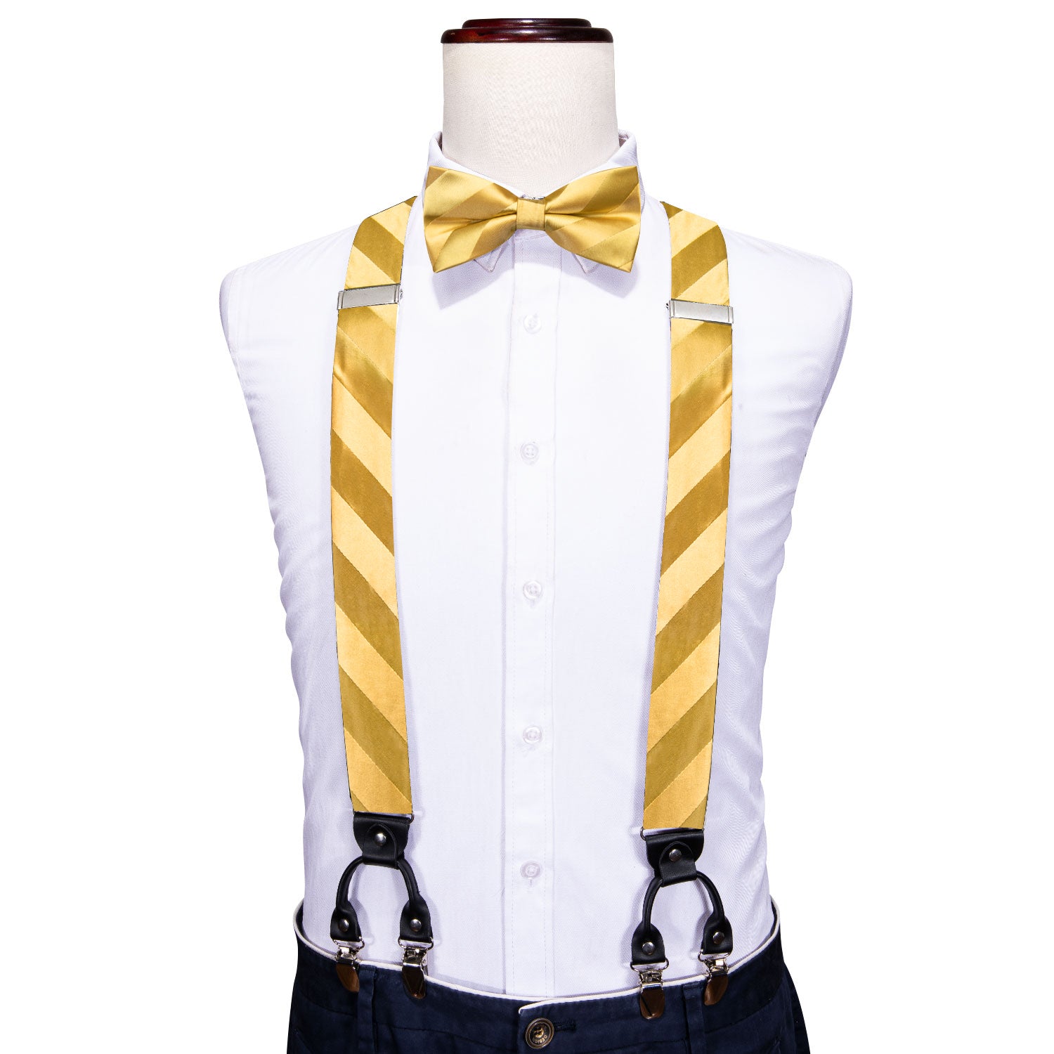 Gold Yellow Striped Y Back Adjustable Bow Tie Suspenders Set
