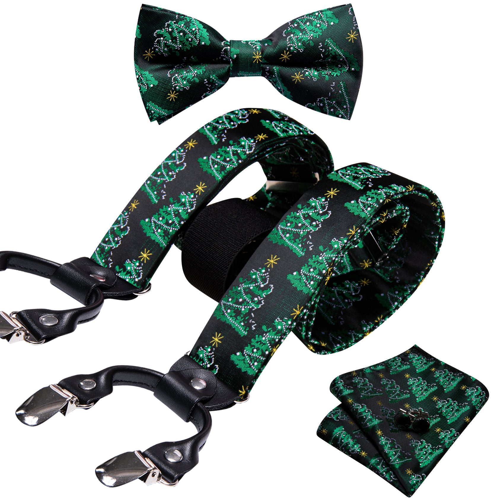 Christmas Green Xmas Tree Y Back Adjustable Bow Tie Suspenders Set