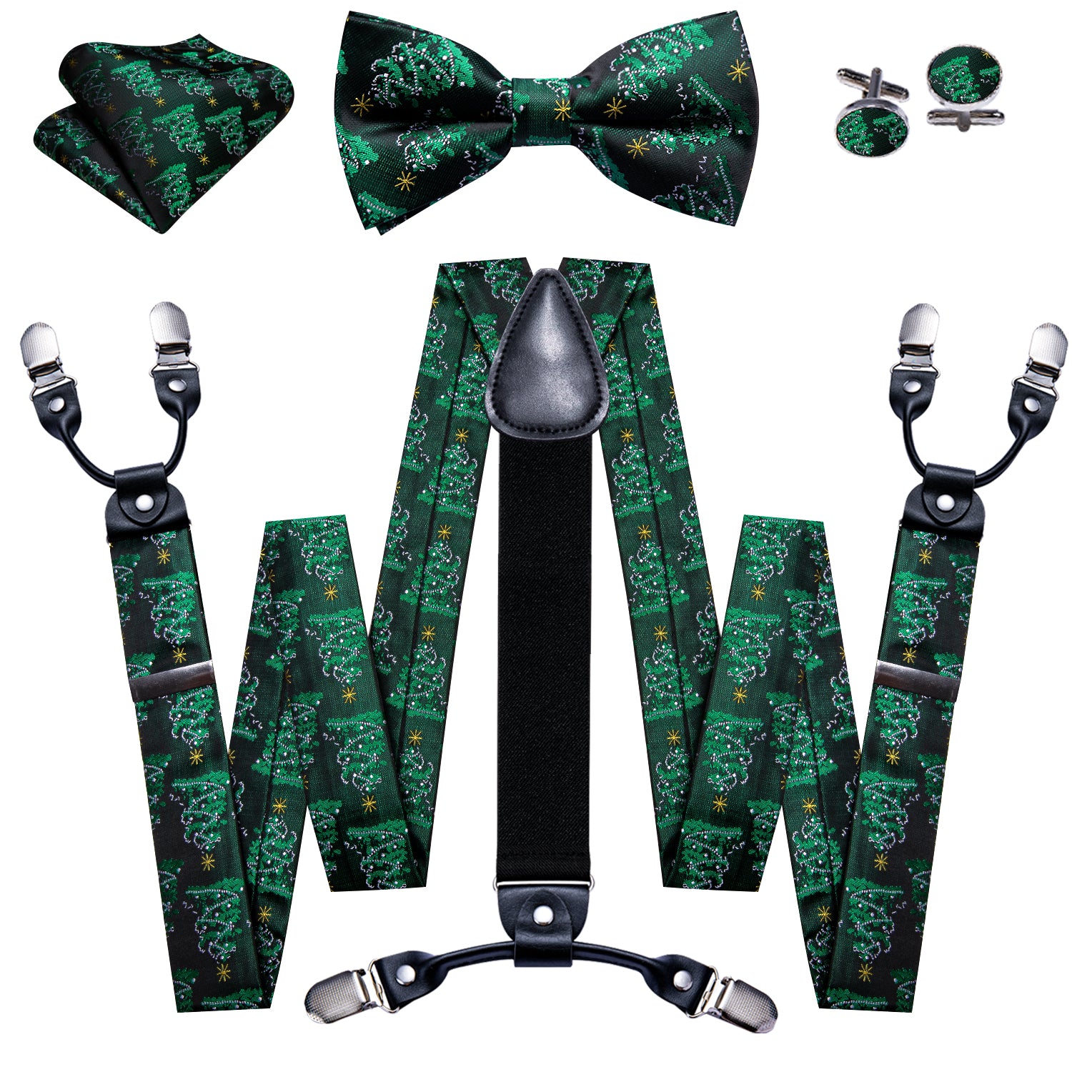 Christmas Green Xmas Tree Y Back Adjustable Bow Tie Suspenders Set