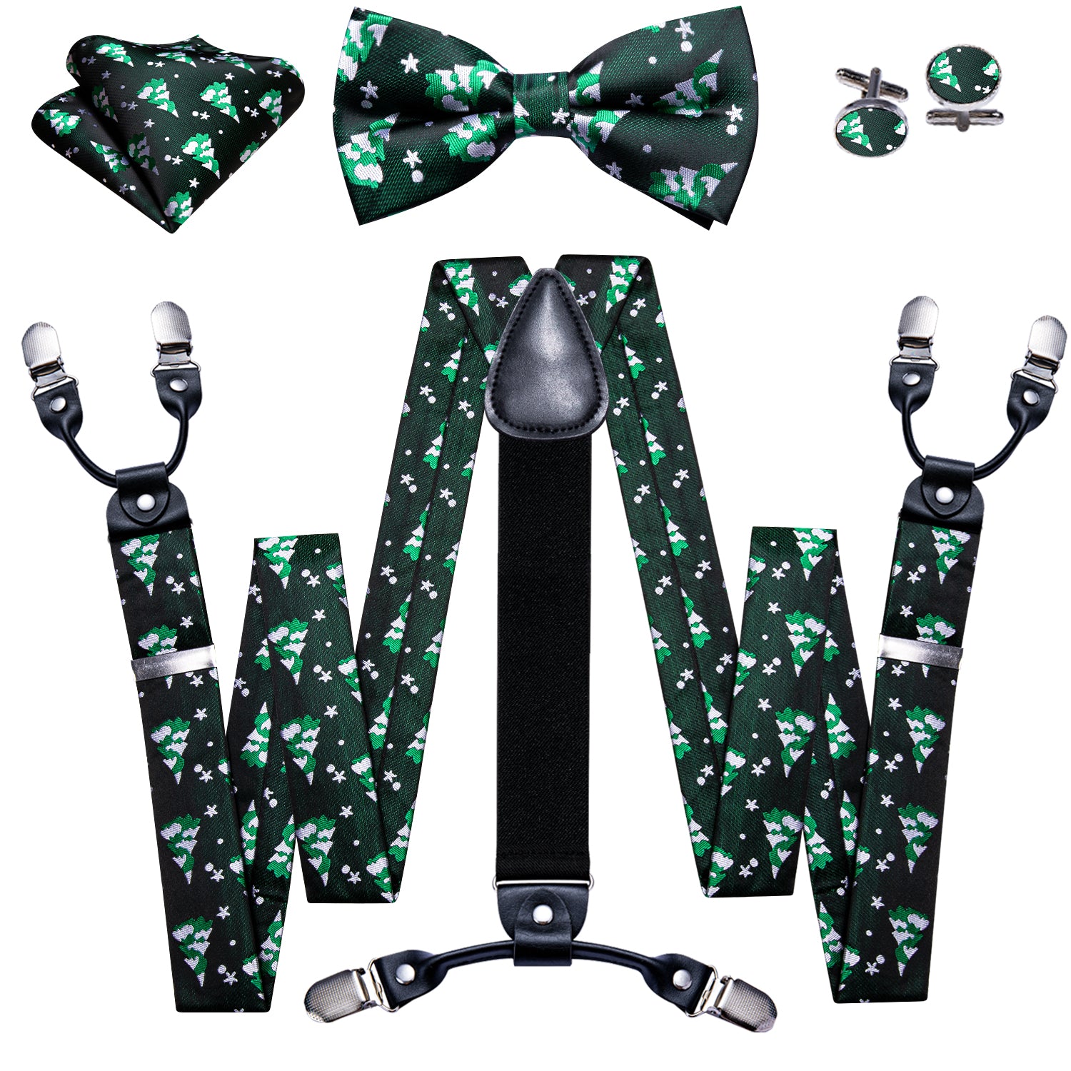 Barry.wang Green Tie Xmas White Tree Y Back Adjustable Bow Tie Suspenders Set
