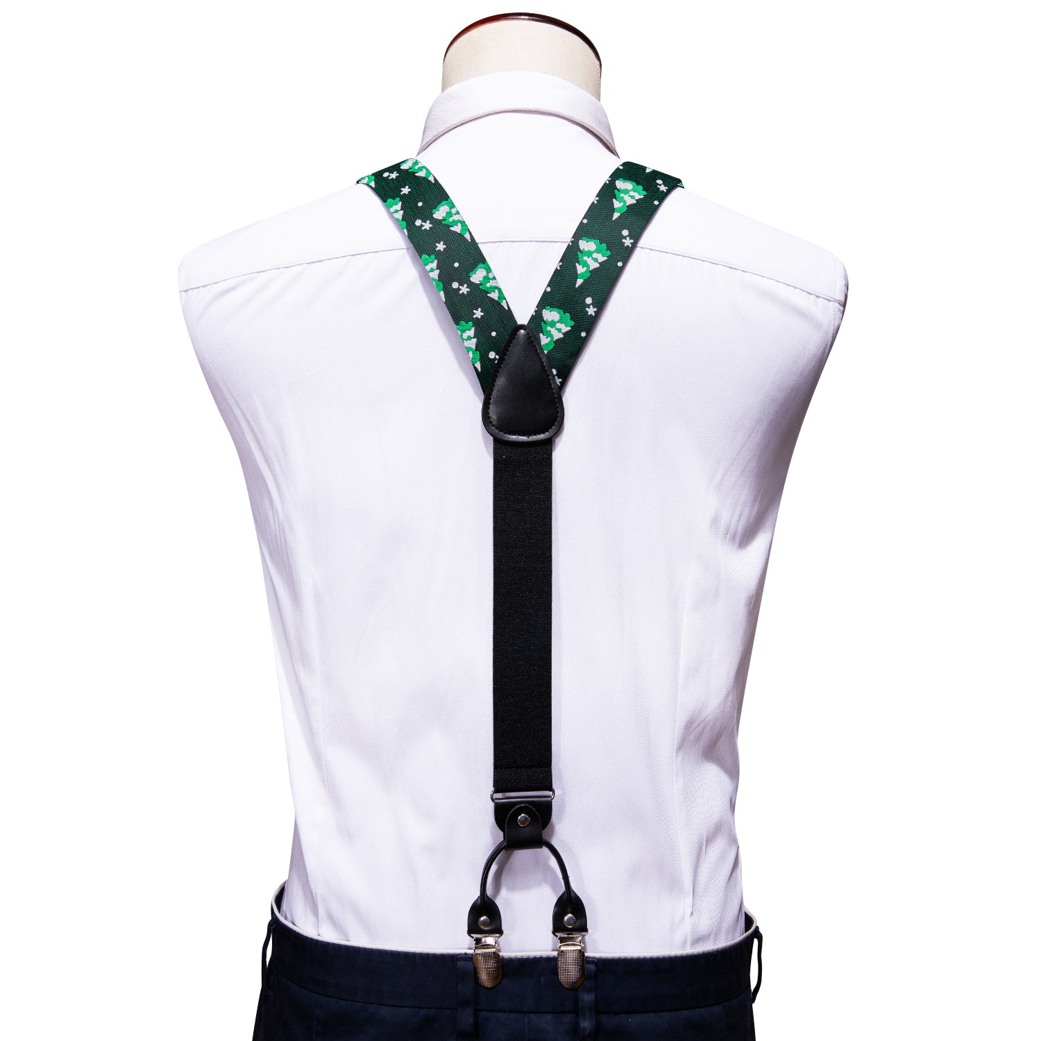 Christmas Green White Xmas Tree Y Back Adjustable Bow Tie Suspenders Set