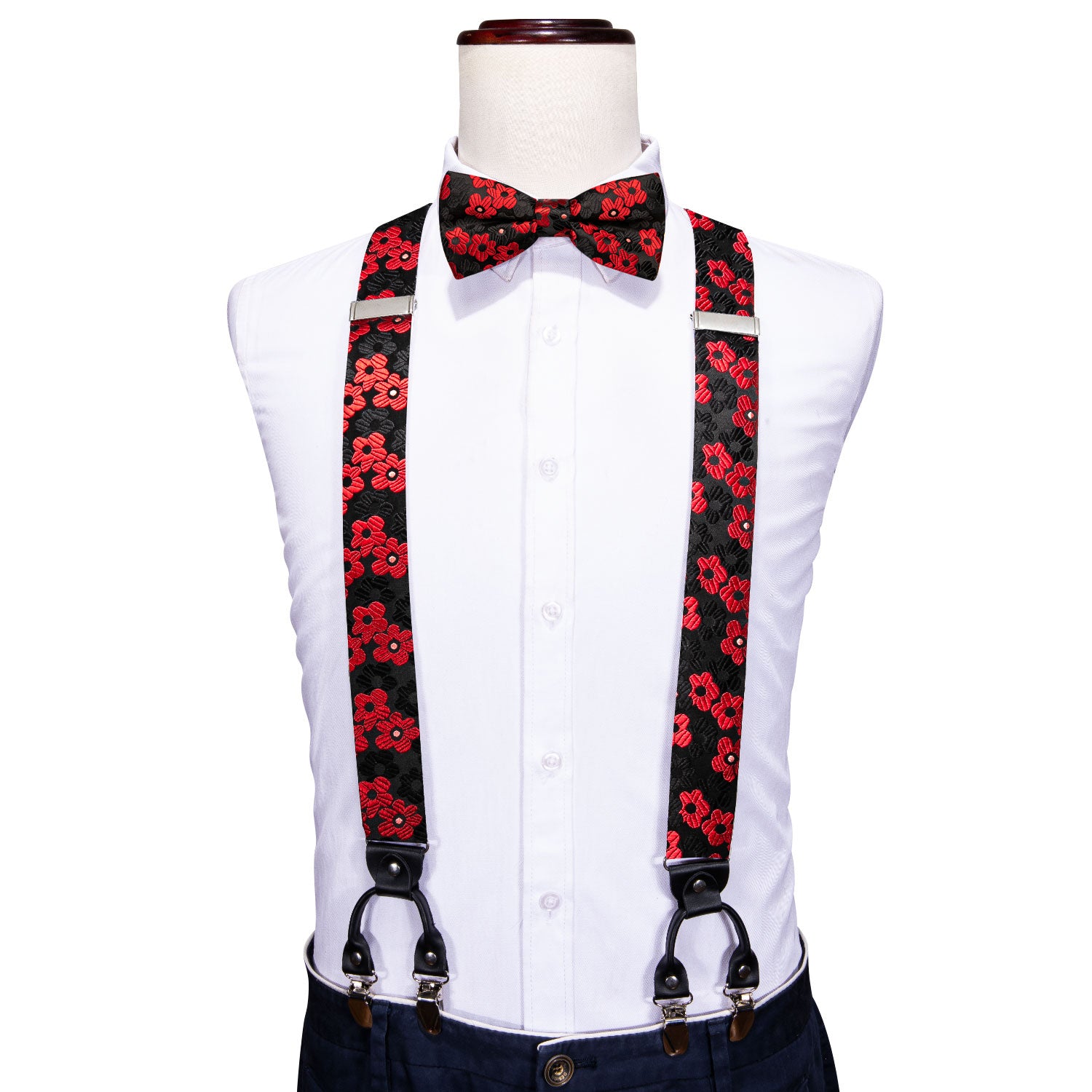 Red Black Flower Y Back Adjustable Bow Tie Suspenders Set