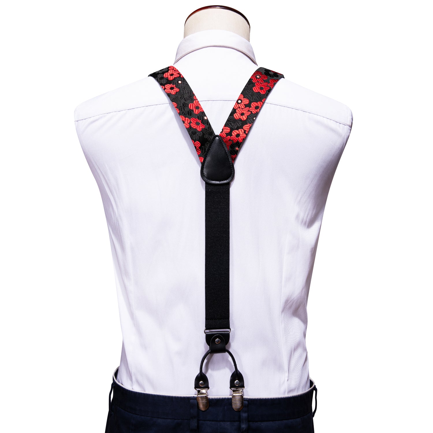 Red Black Flower Y Back Adjustable Bow Tie Suspenders Set