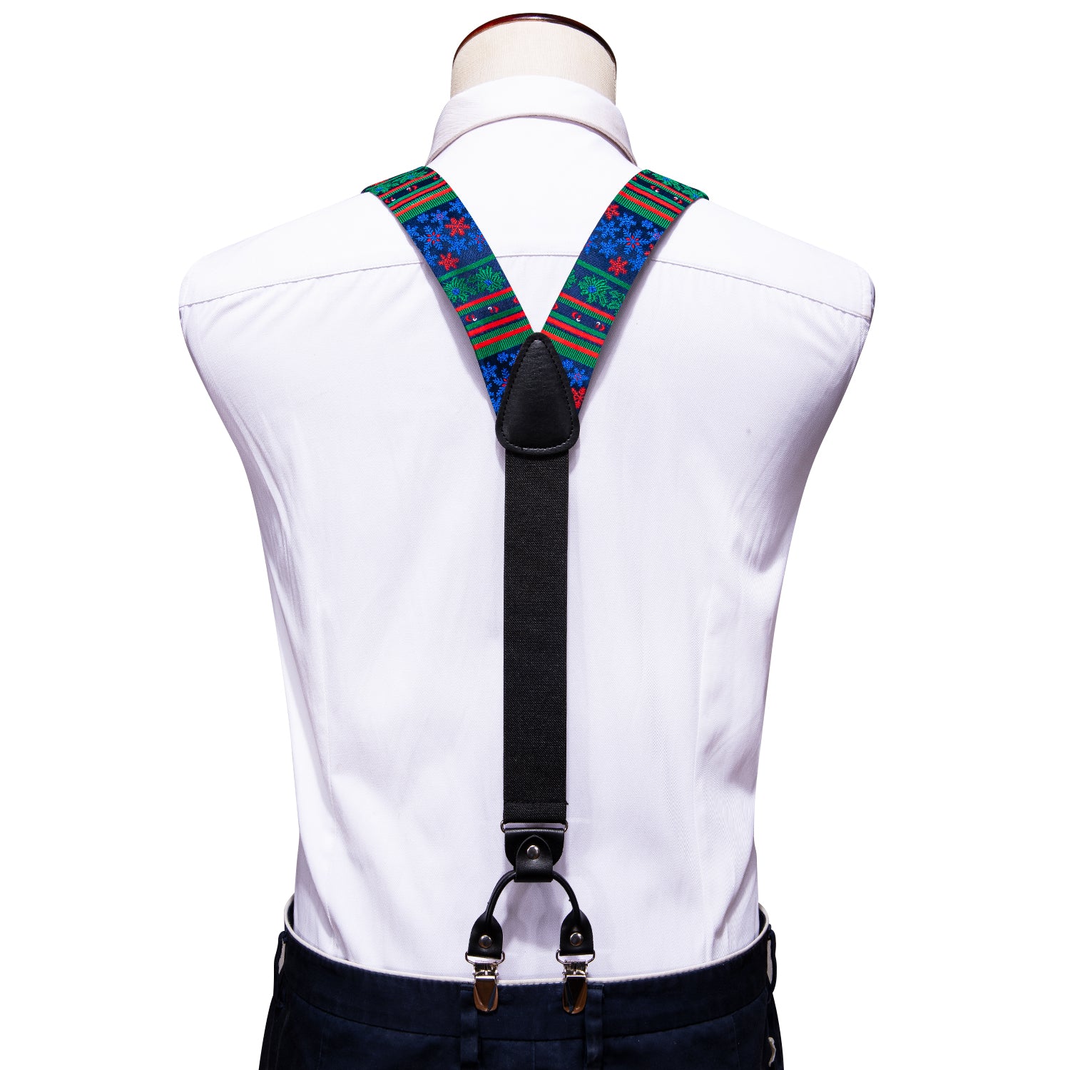 Christmas Blue Green Y Back Adjustable Bow Tie Suspenders Set