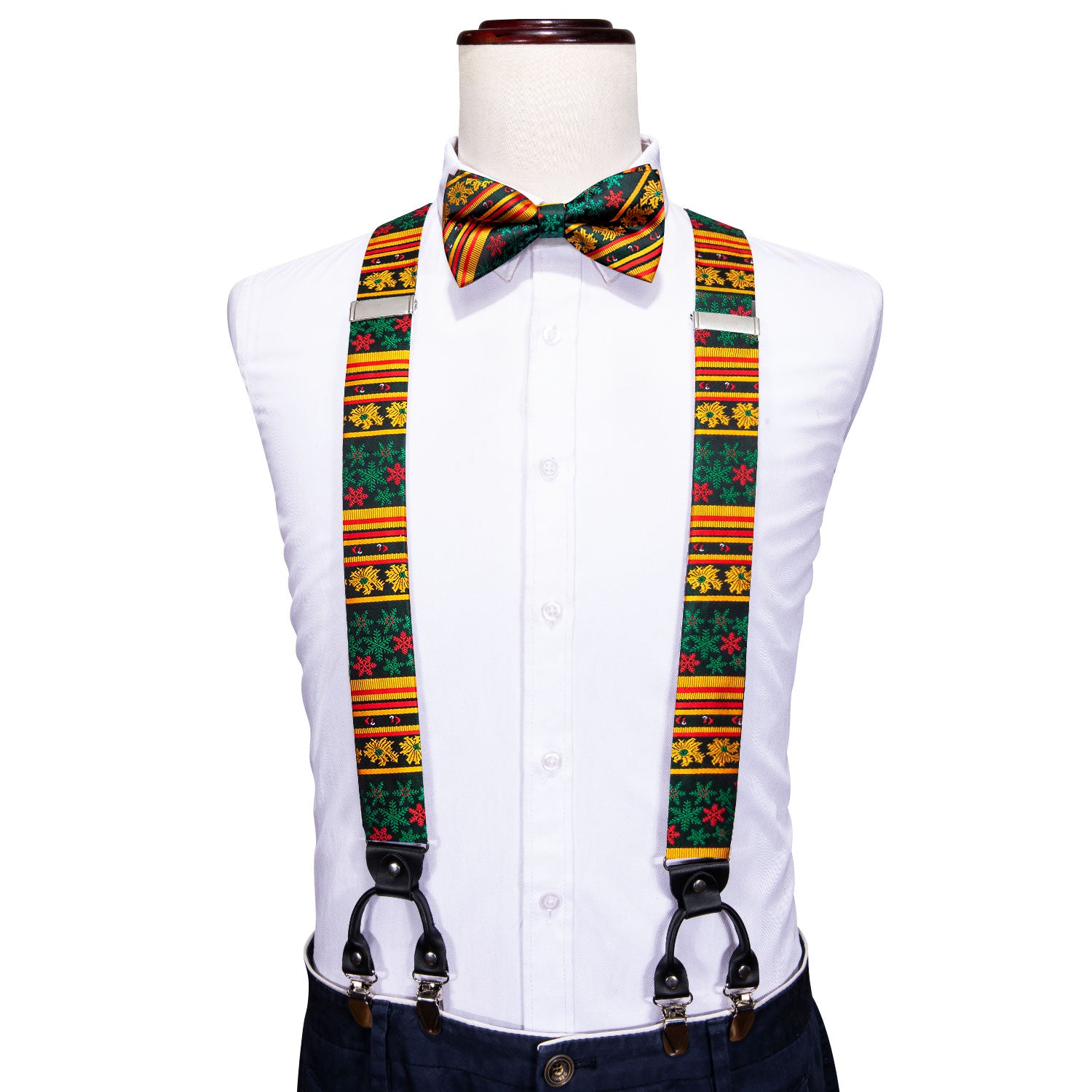 Christmas Yellow Green Y Back Adjustable Bow Tie Suspenders Set