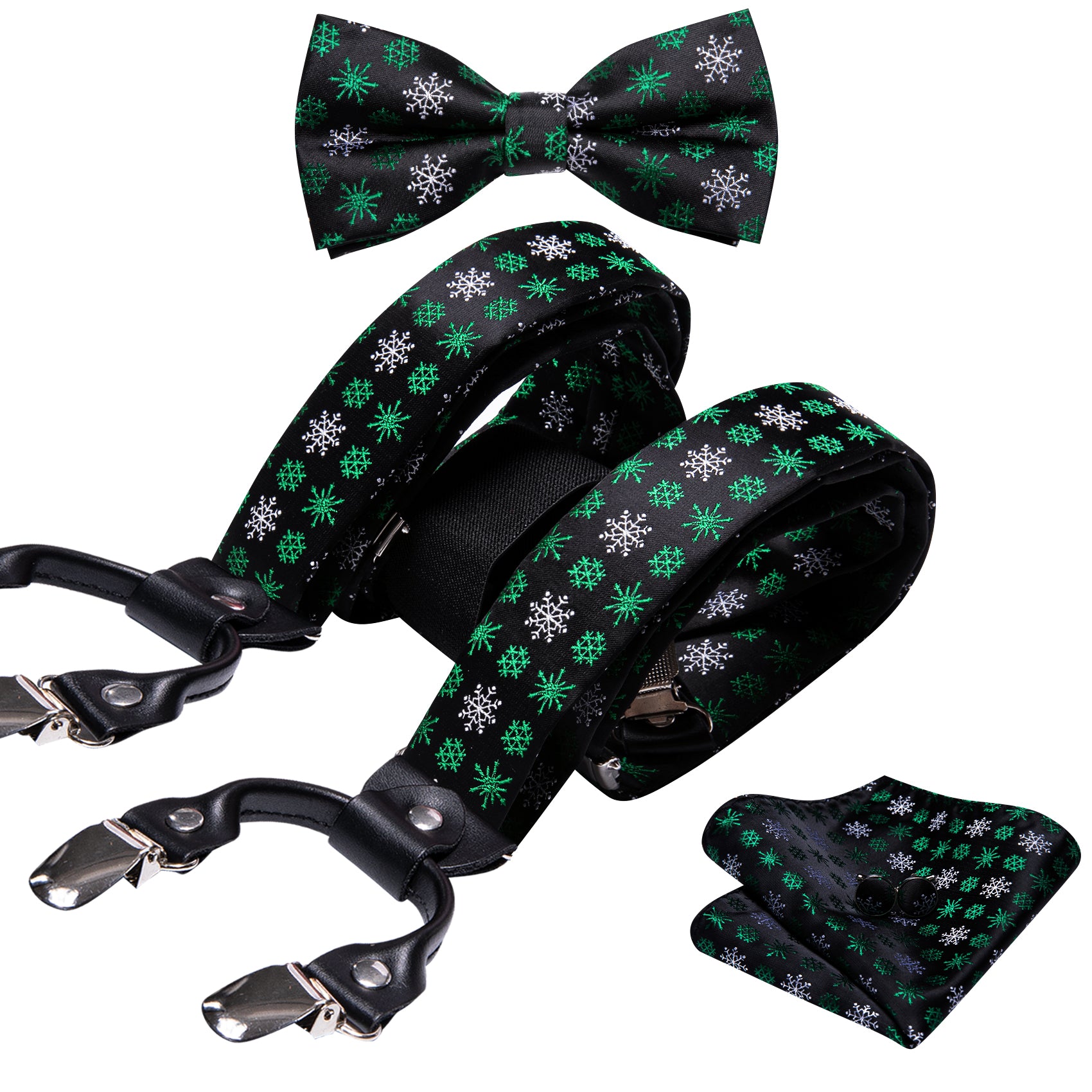 Christmas Green White Snowflake Y Back Adjustable Bow Tie Suspenders Set