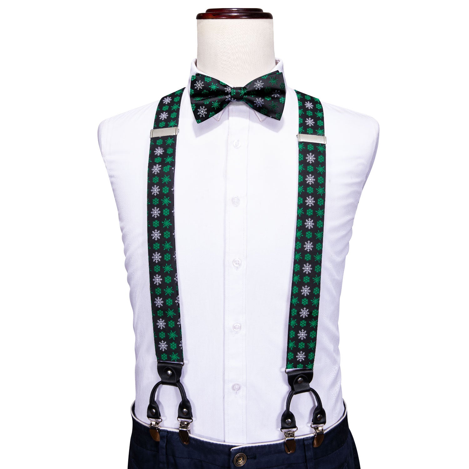 Christmas Green White Snowflake Y Back Adjustable Bow Tie Suspenders Set