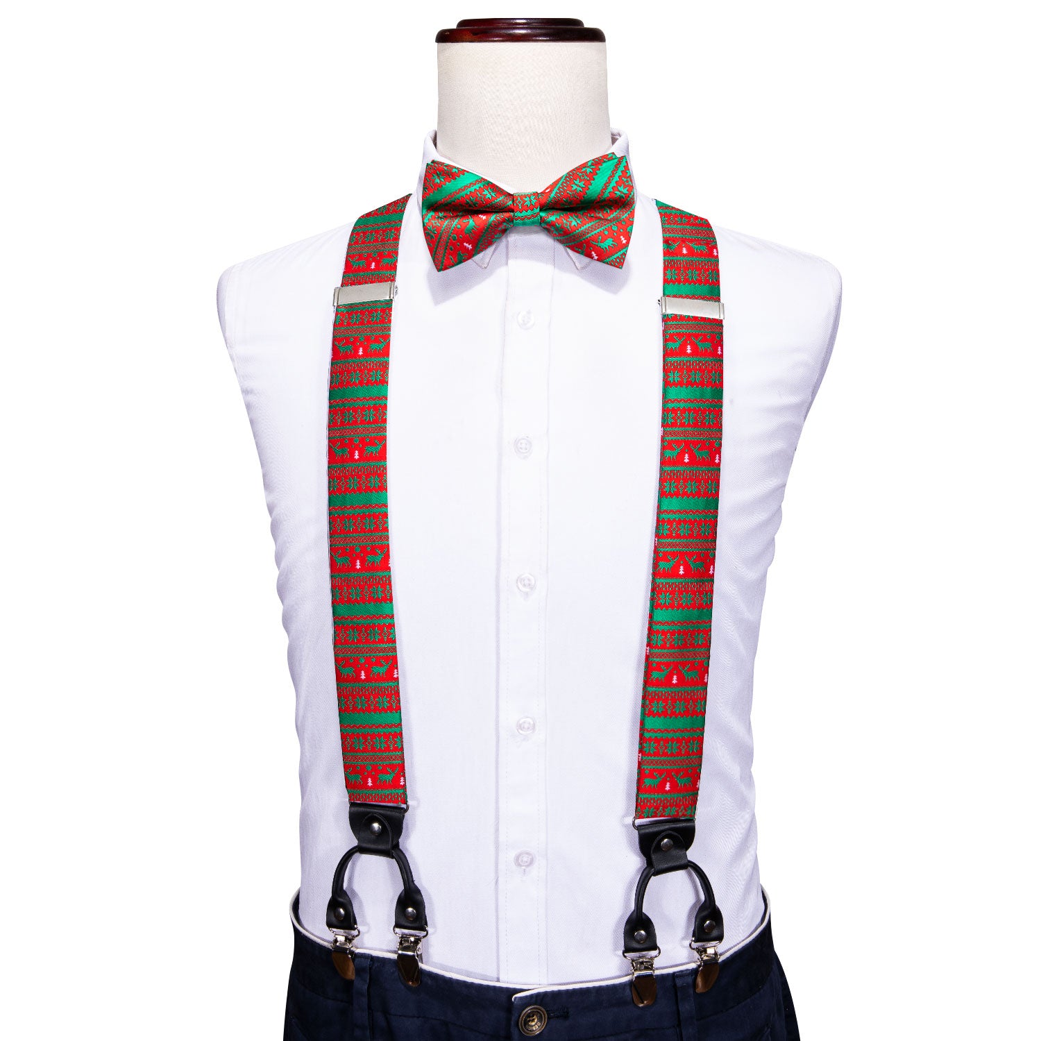 Christmas Red Green Elk Y Back Adjustable Bow Tie Suspenders Set