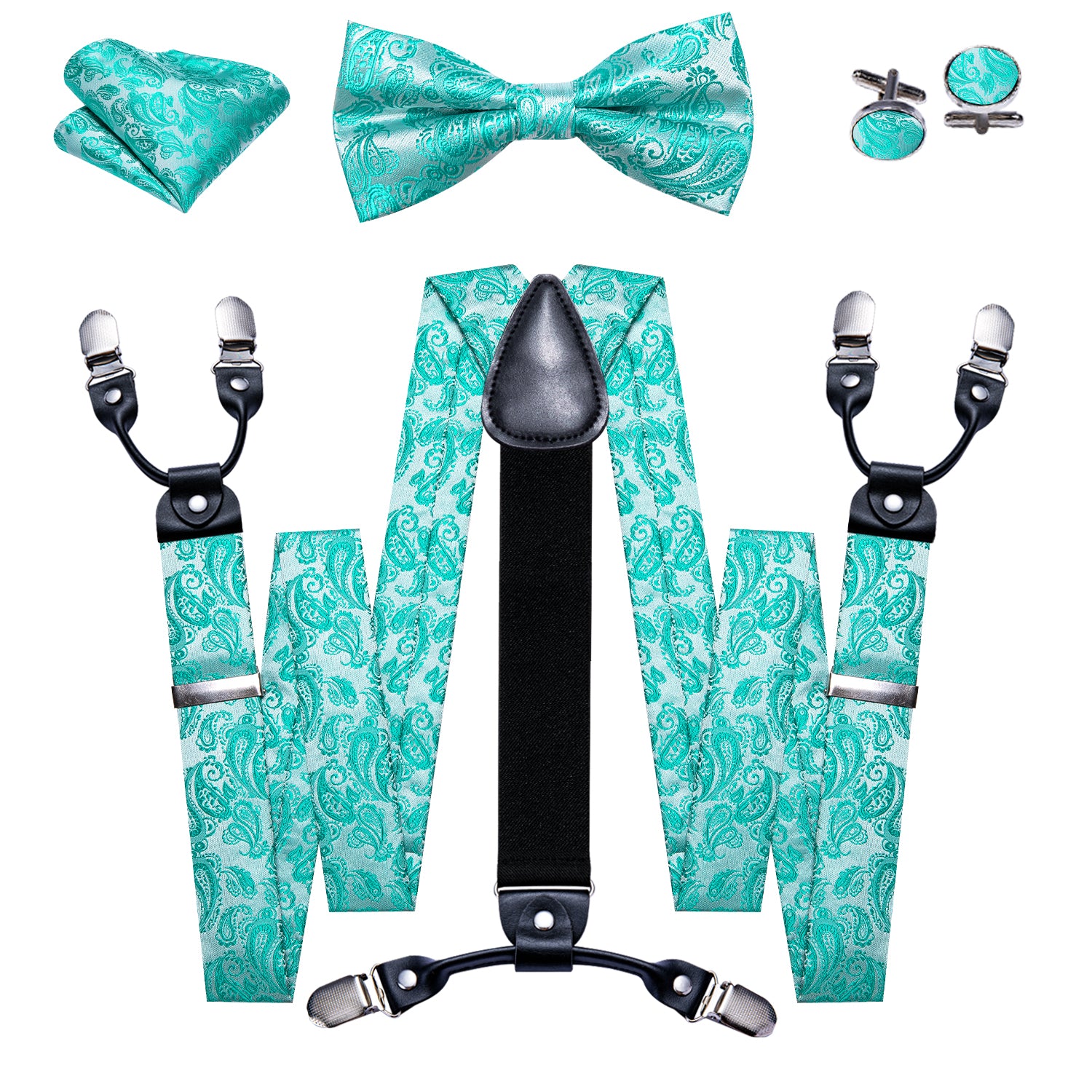Teal Blue Paisley Y Back Adjustable Bow Tie Suspenders Set