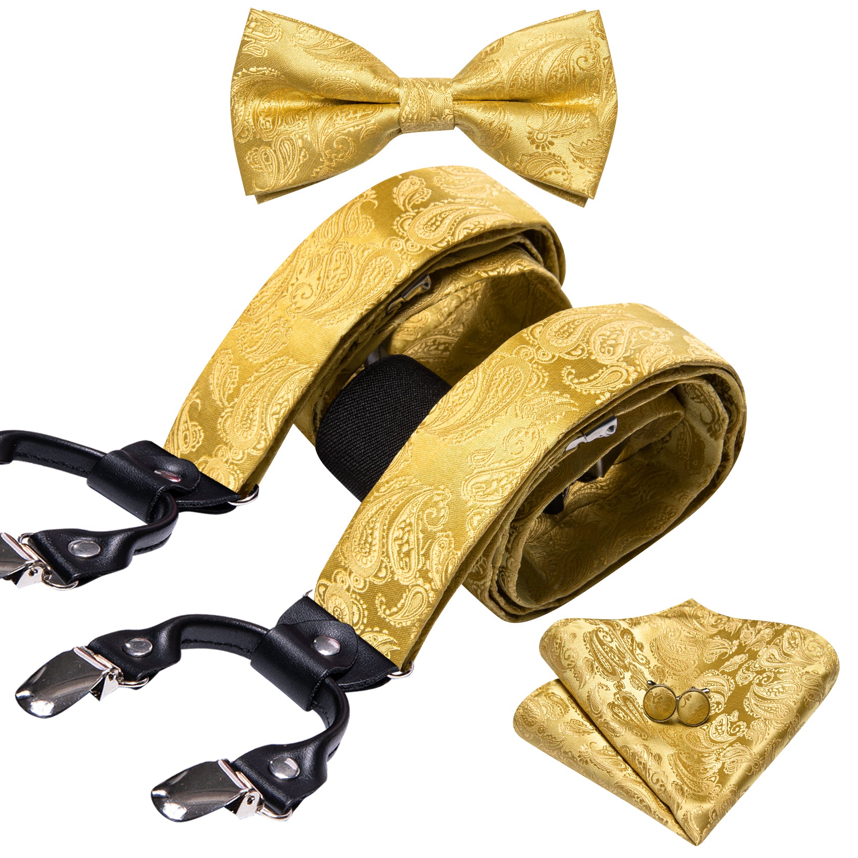 Gold Paisley Y Back Adjustable Bow Tie Suspenders Set