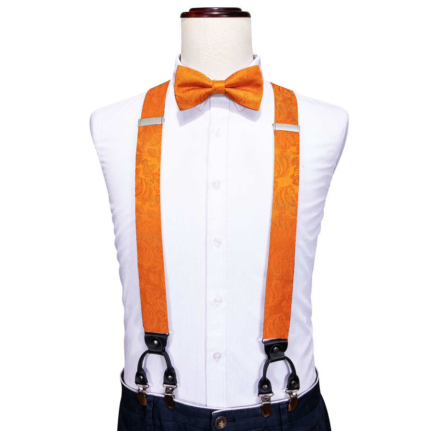 Orange Paisley Y Back Adjustable Bow Tie Suspenders Set