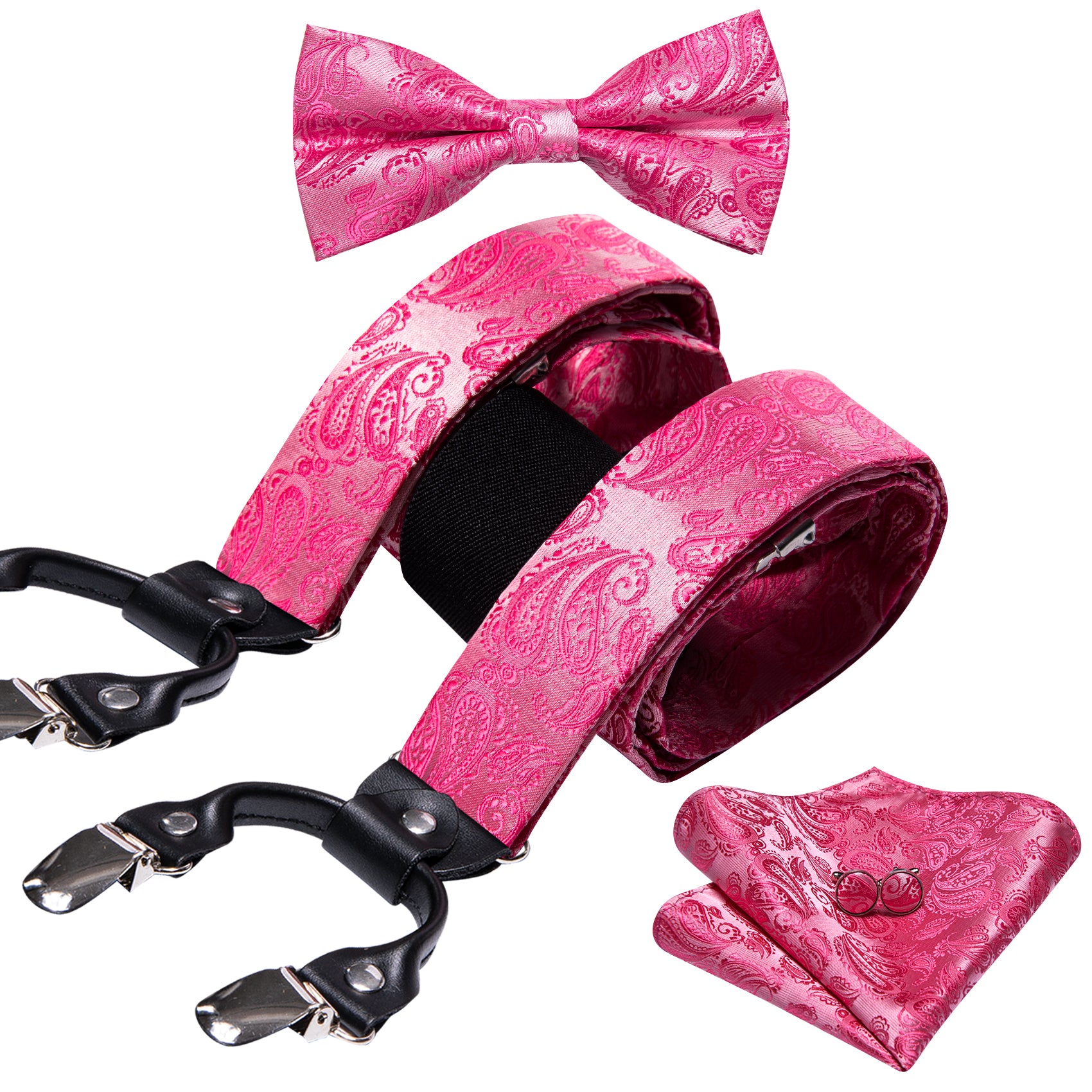 Rose Red Paisley Y Back Adjustable Bow Tie Suspenders Set