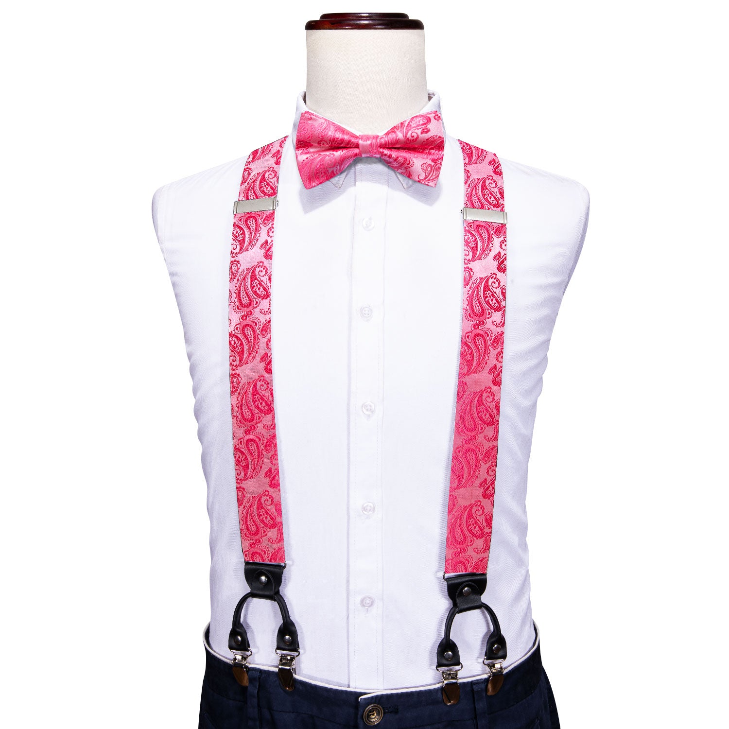 Rose Red Paisley Y Back Adjustable Bow Tie Suspenders Set