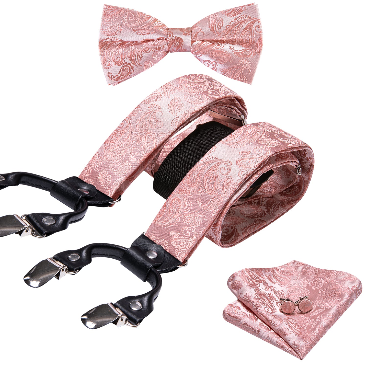 Pink Paisley Y Back Adjustable Bow Tie Suspenders Set
