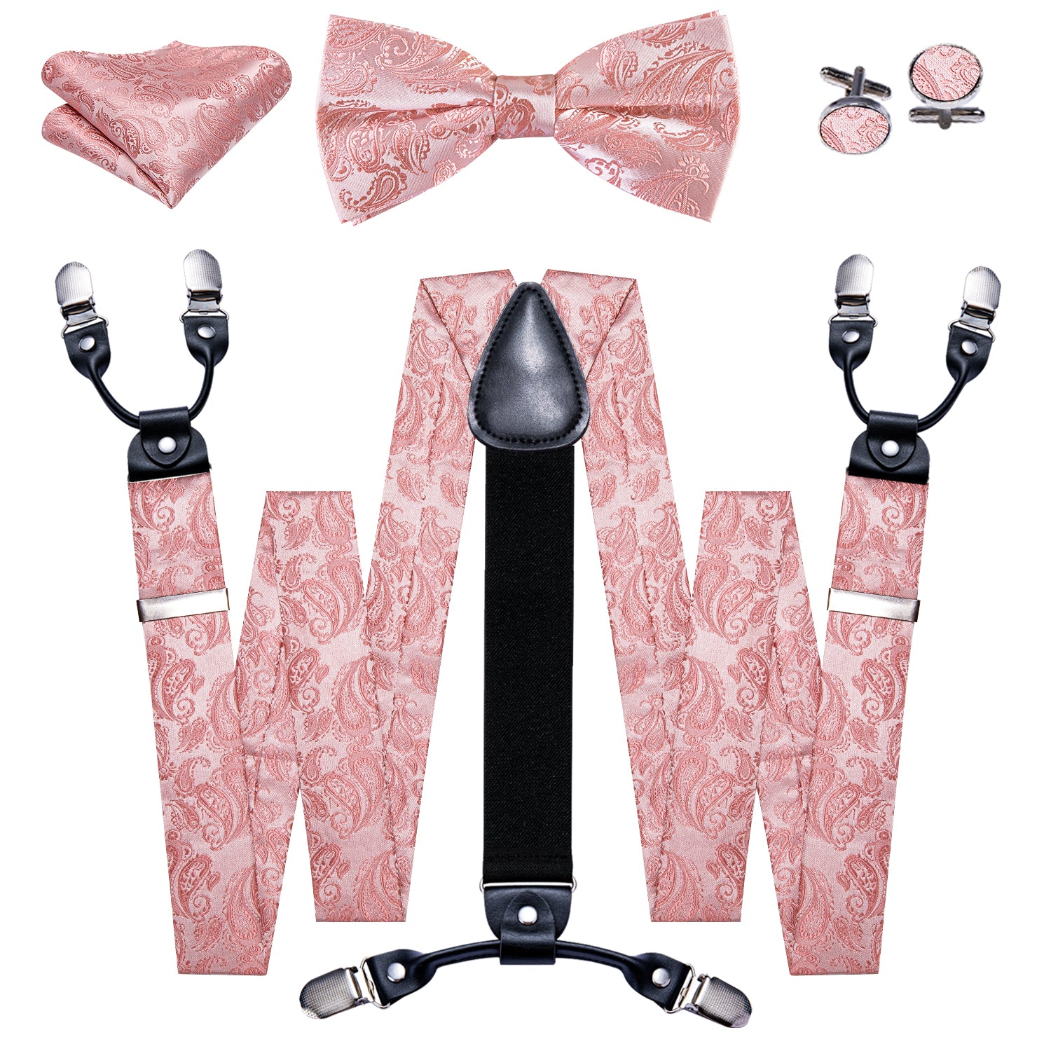 Pink Paisley Y Back Adjustable Bow Tie Suspenders Set