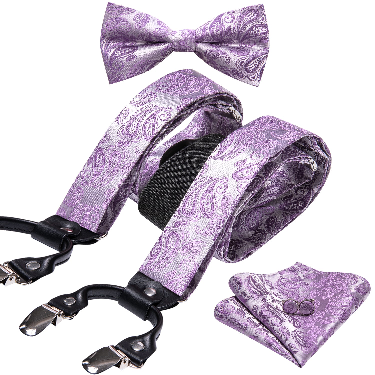 Purple Paisley Y Back Adjustable Bow Tie Suspenders Set