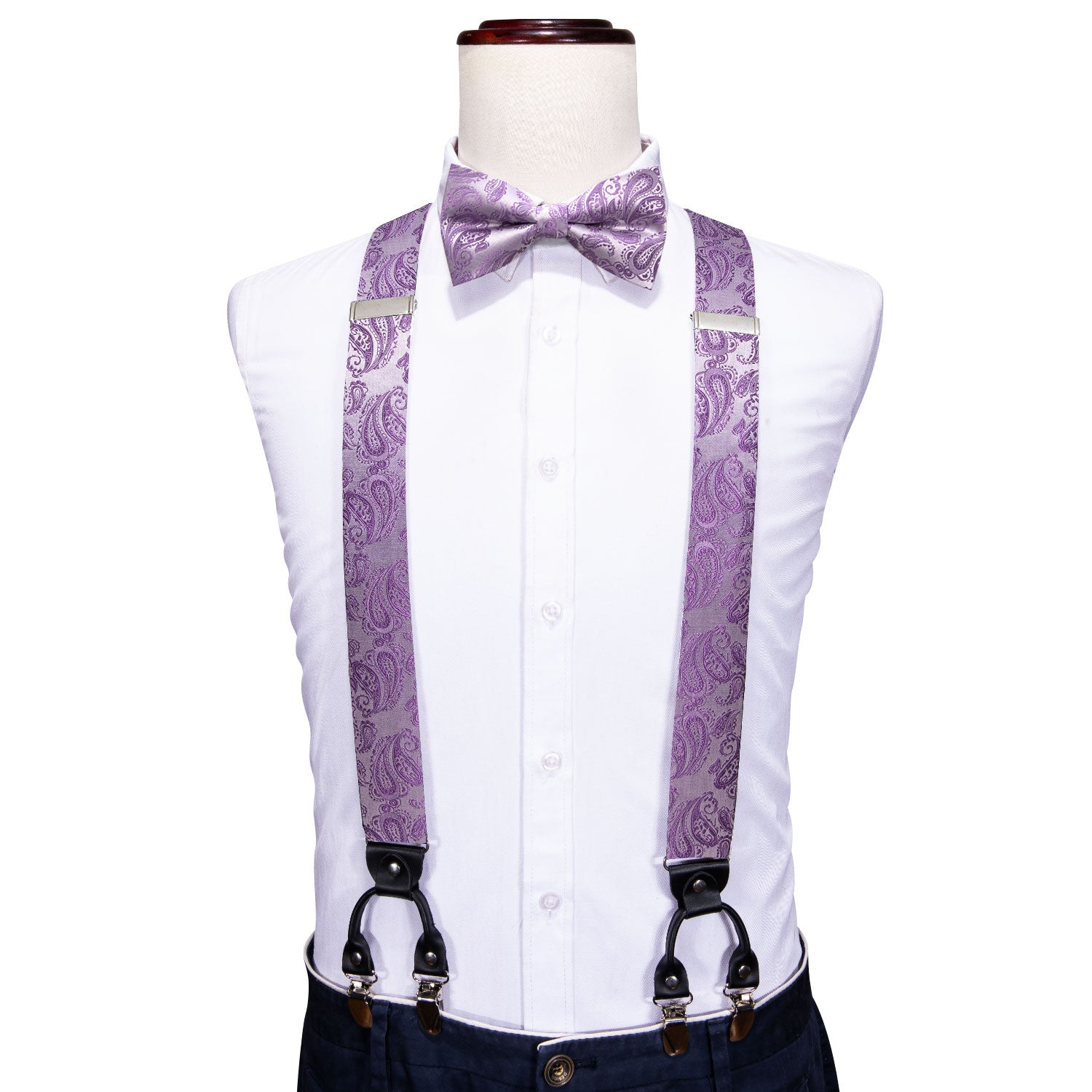 Purple Paisley Y Back Adjustable Bow Tie Suspenders Set