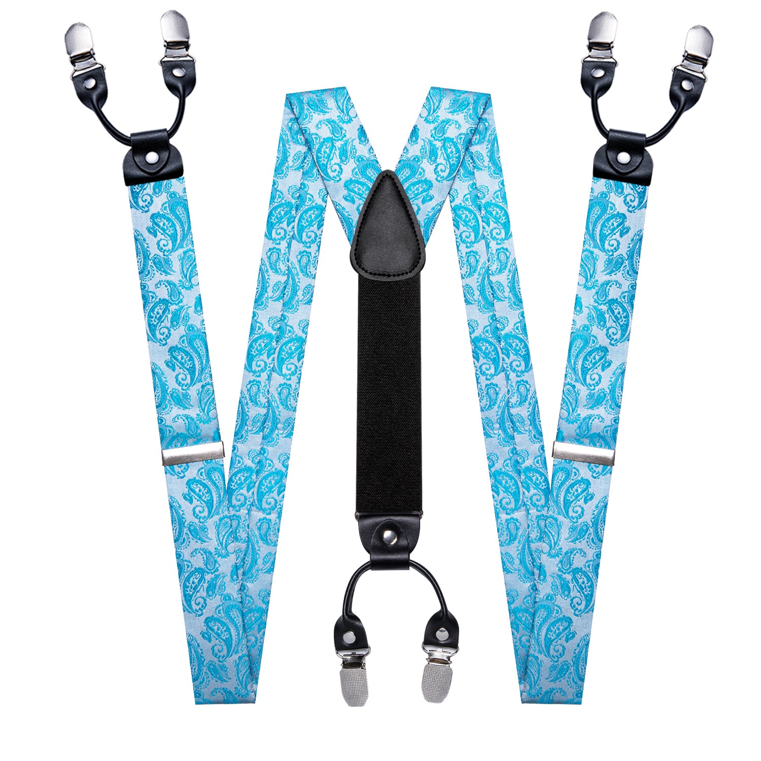 Sky Blue Paisley Y Back Adjustable Bow Tie Suspenders Set