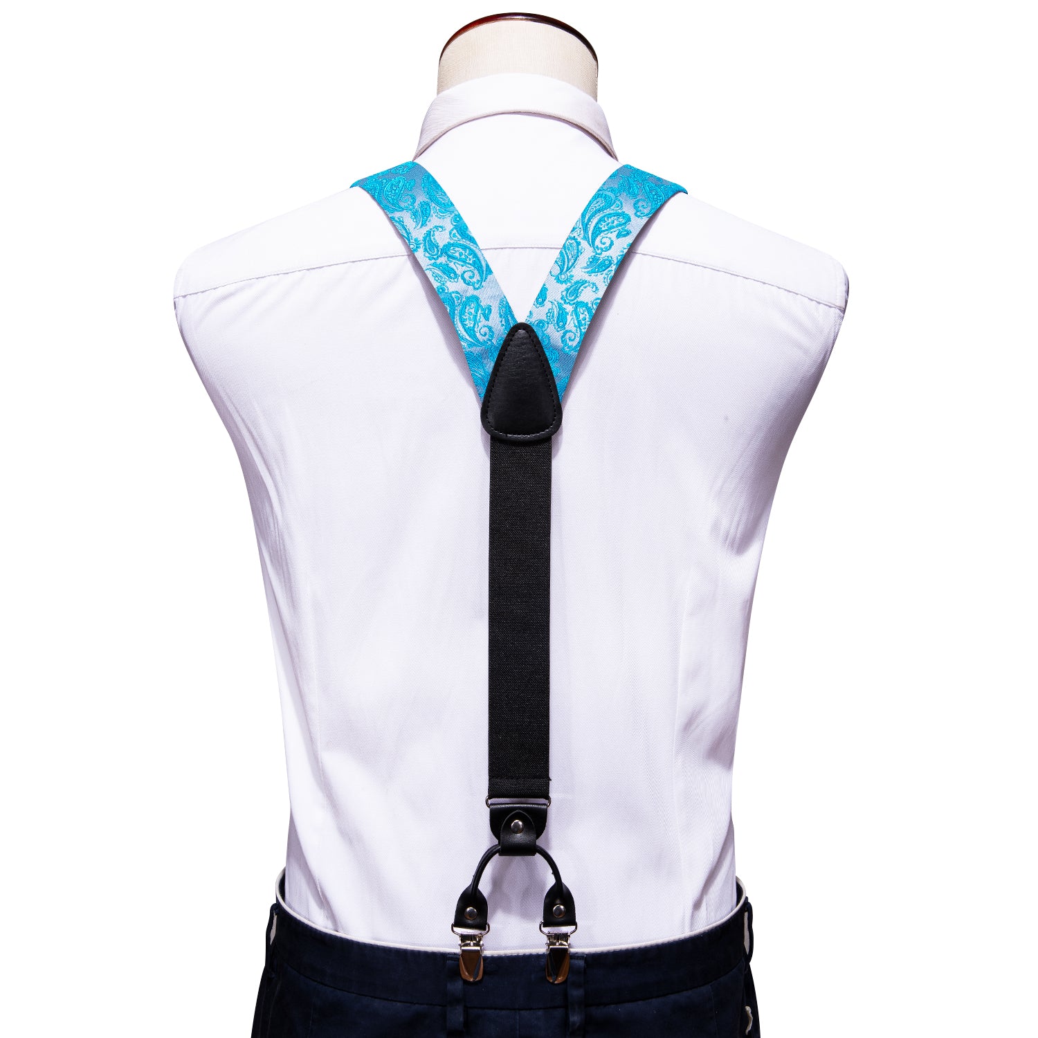 Sky Blue Paisley Y Back Adjustable Bow Tie Suspenders Set