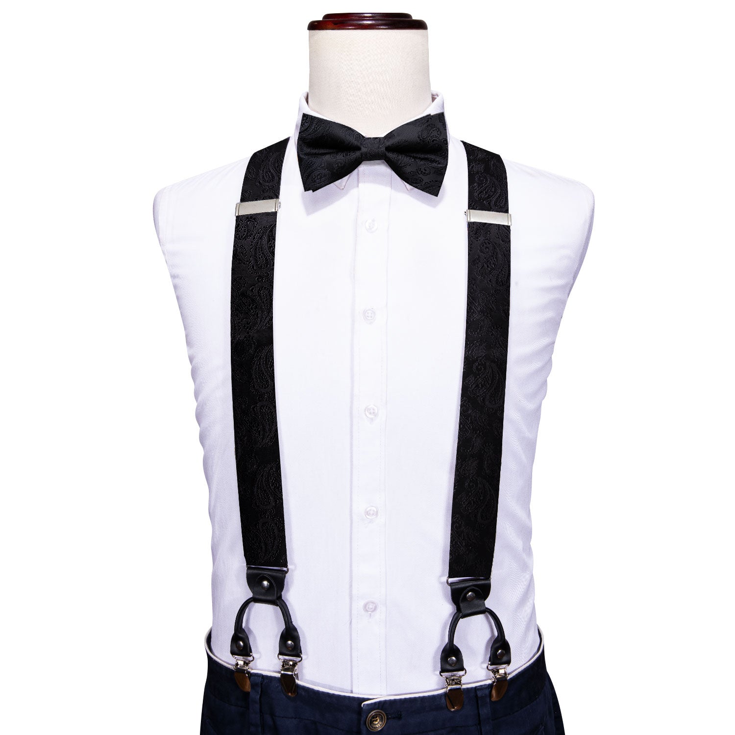 Black Paisley Y Back Adjustable Bow Tie Suspenders Set
