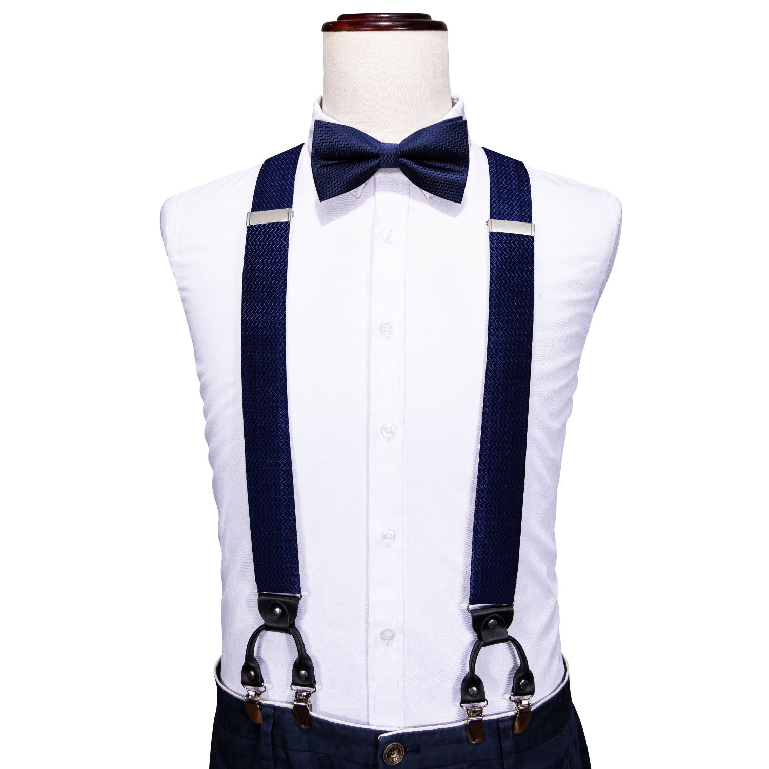 Blue Solid Y Back Adjustable Bow Tie Suspenders Set