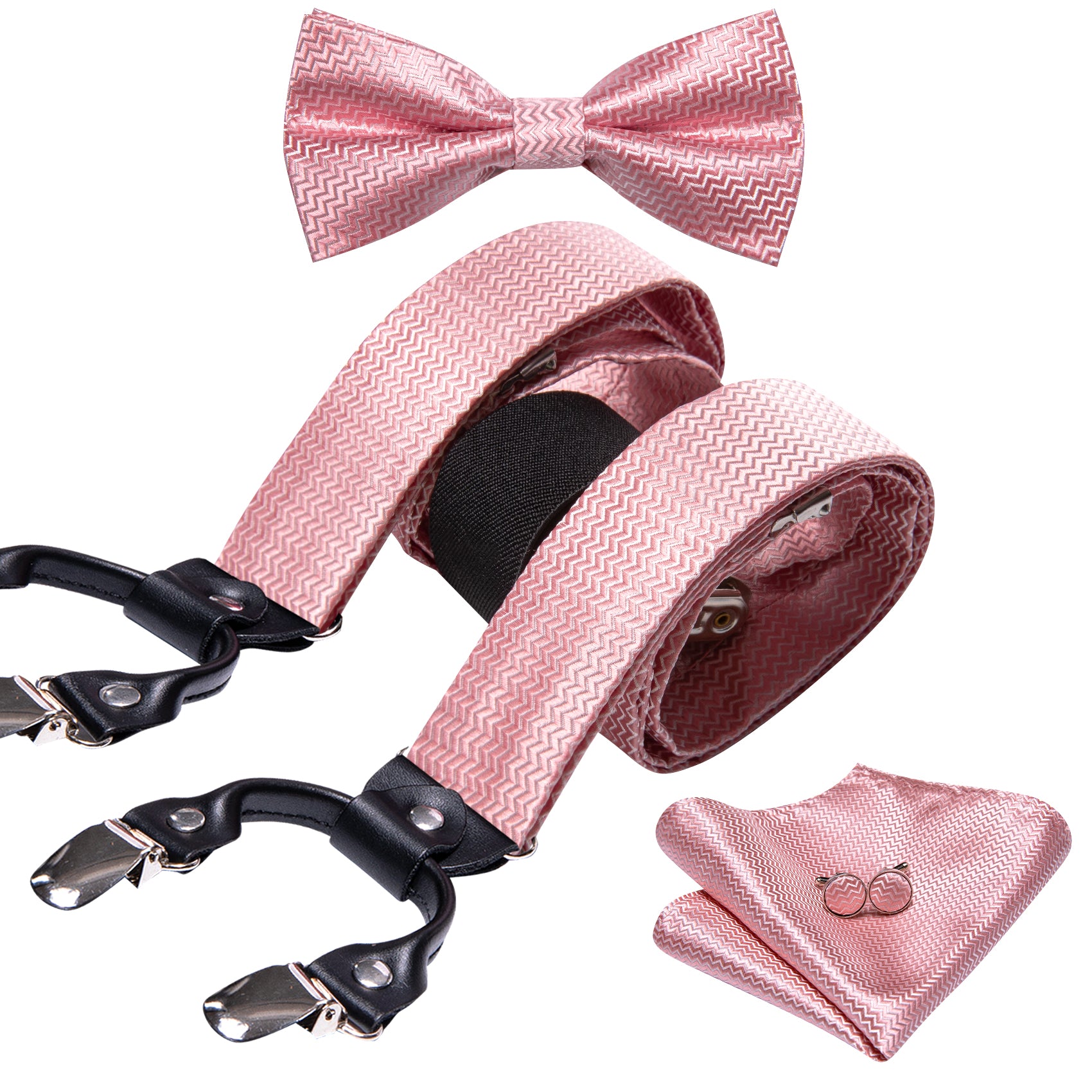Pink Solid Y Back Adjustable Bow Tie Suspenders Set