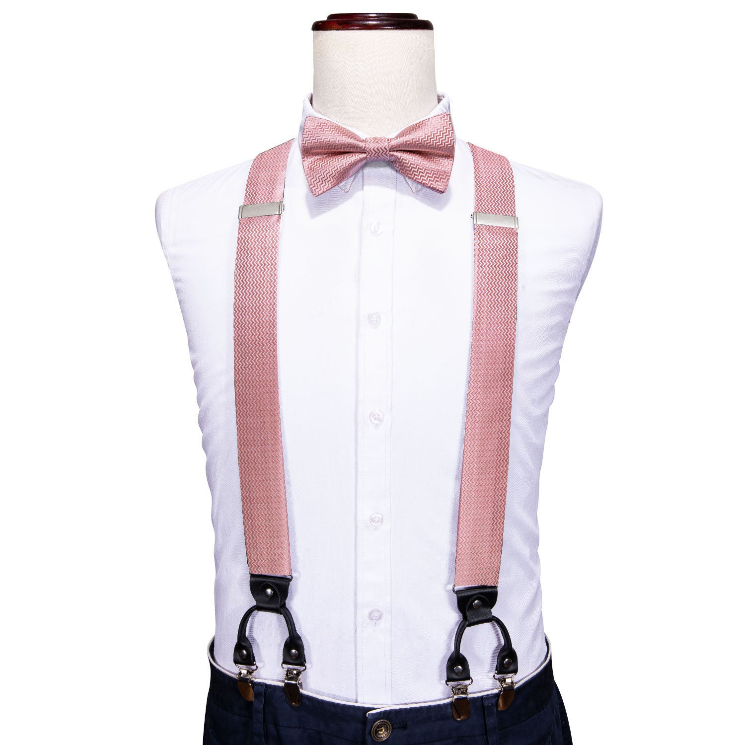 Pink Solid Y Back Adjustable Bow Tie Suspenders Set