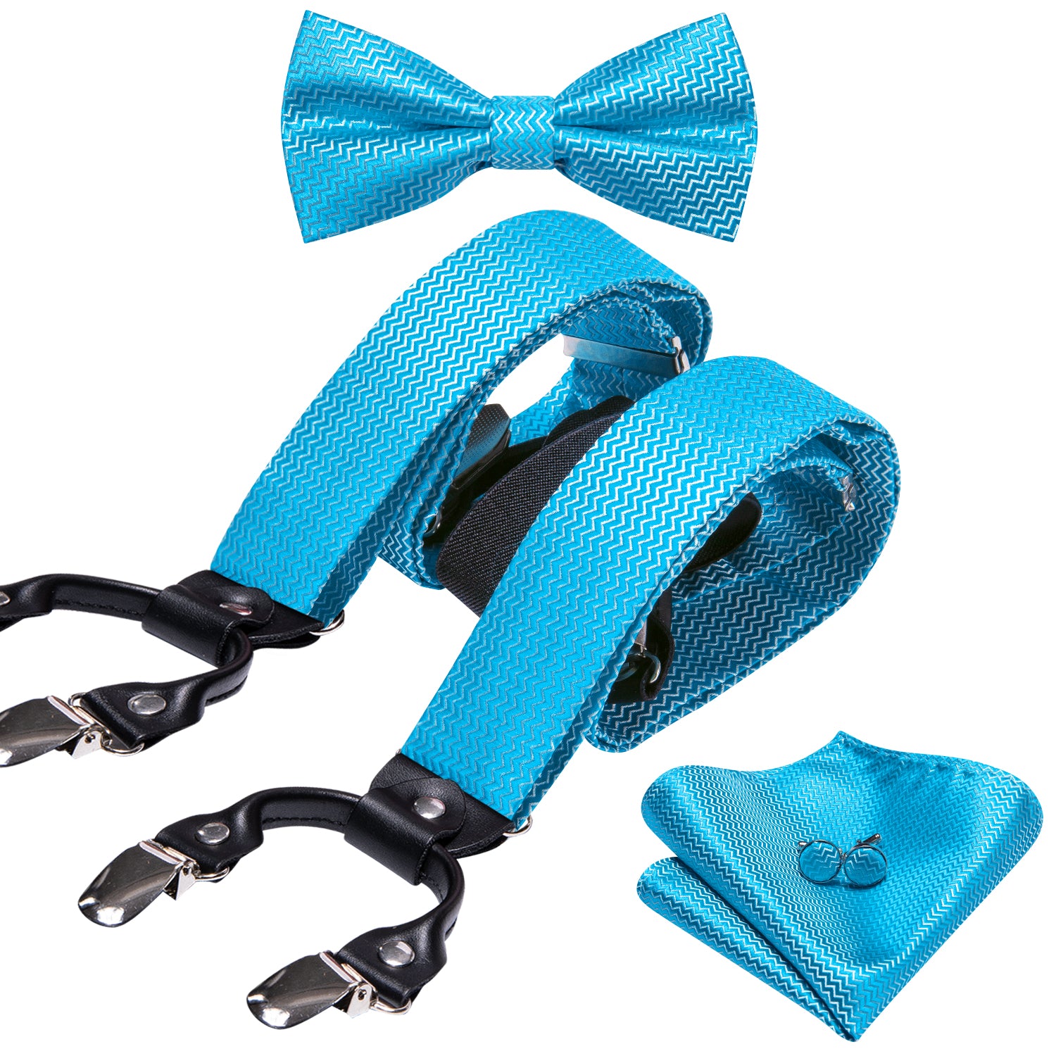Sky Blue Solid Y Back Adjustable Bow Tie Suspenders Set