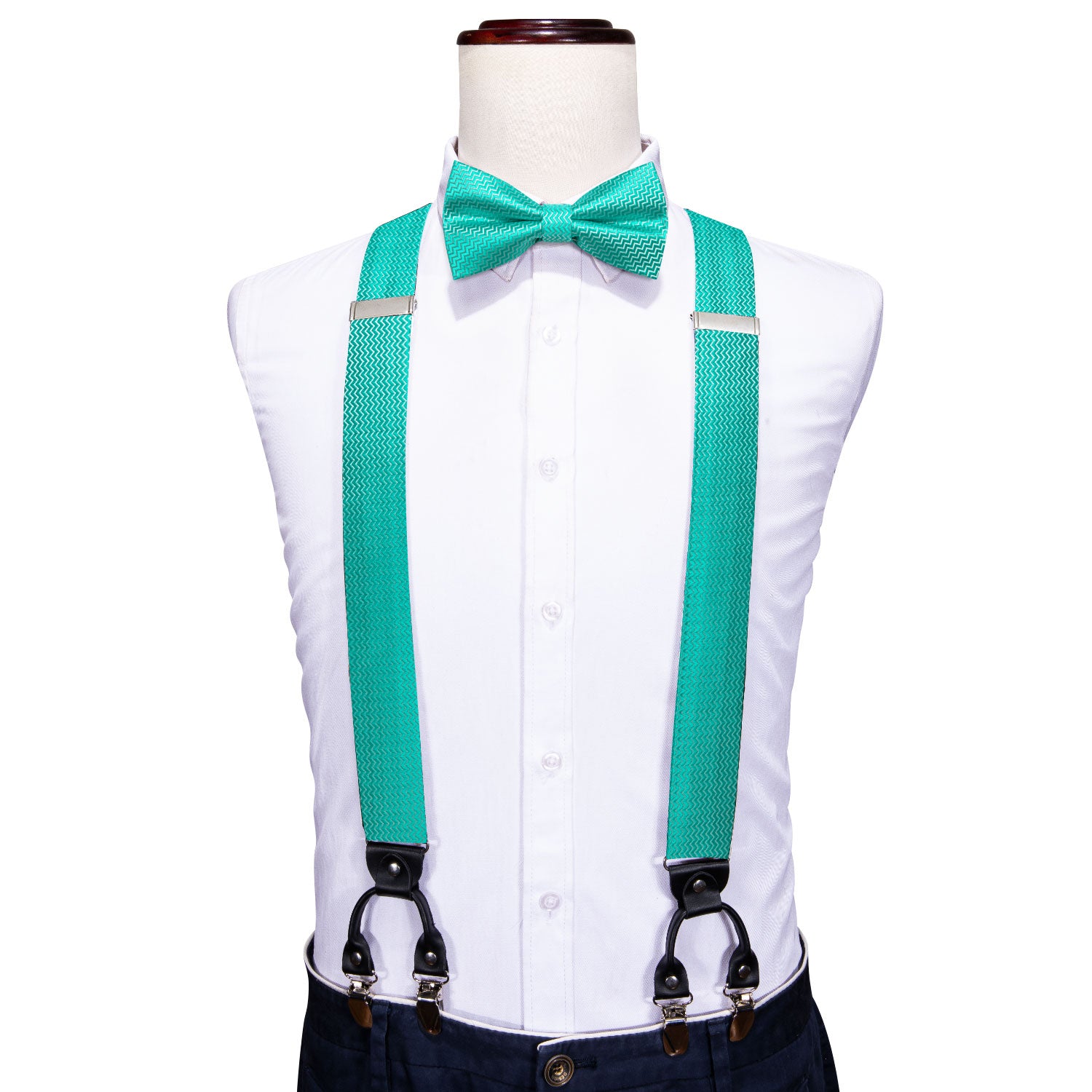 Turquoise Solid Y Back Adjustable Bow Tie Suspenders