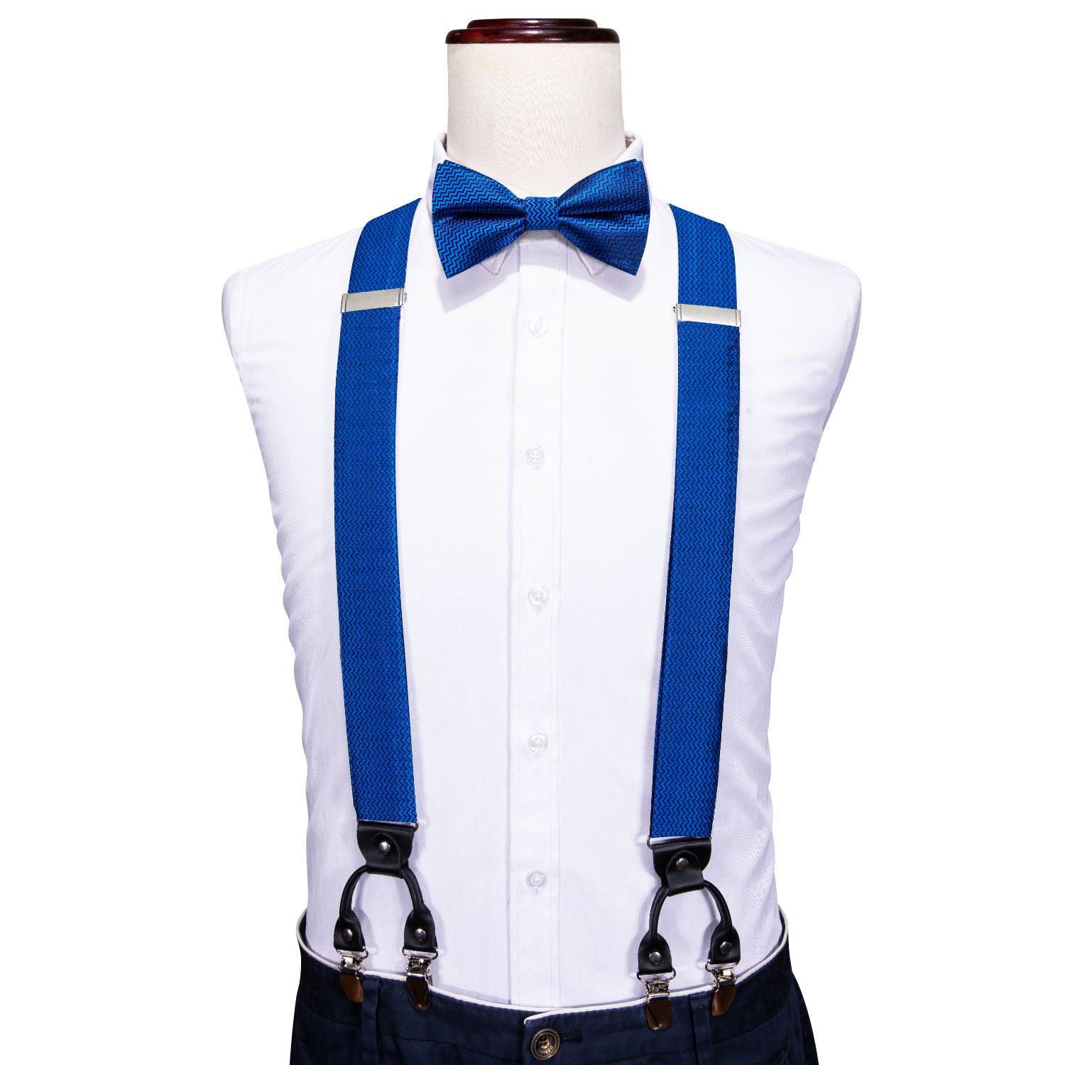 Cerulean Blue Solid Y Back Adjustable Bow Tie Suspenders Set