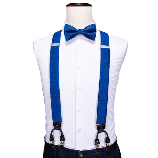 Barry. Wang Cerulean Blue Solid Y Back Adjustable Bow Tie Suspenders Set