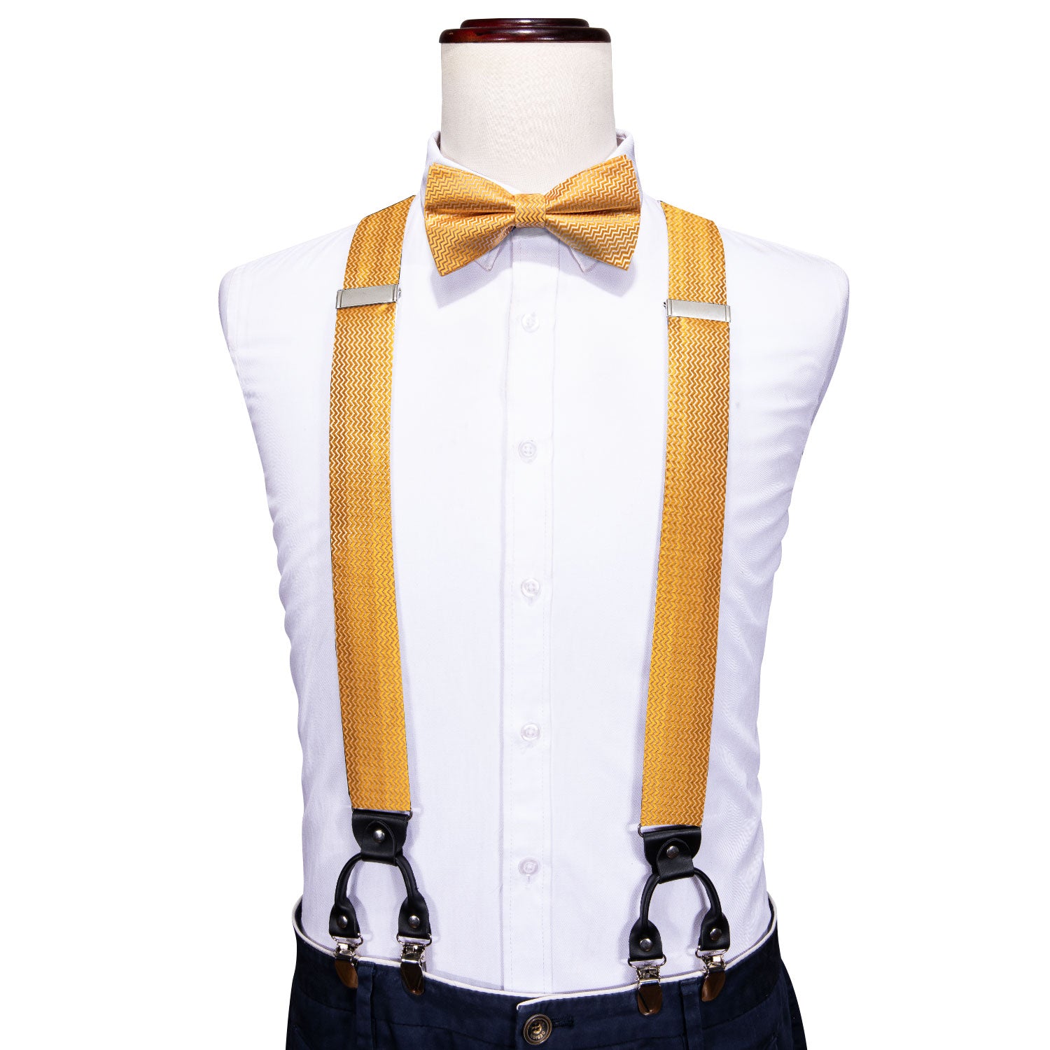 Yellow Solid Y Back Adjustable Bow Tie Suspenders Set
