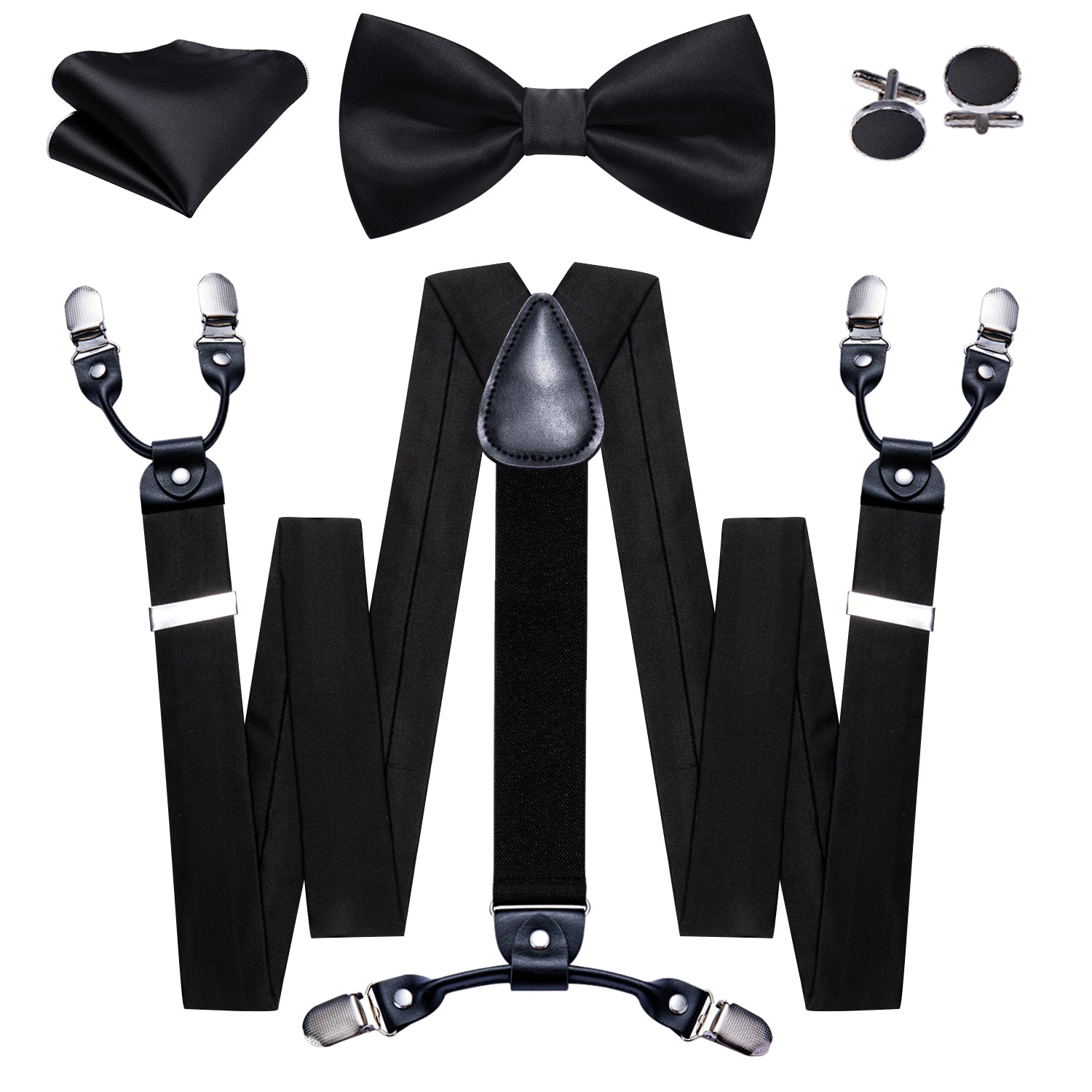 Black Solid Y Back Adjustable Bow Tie Suspenders Set