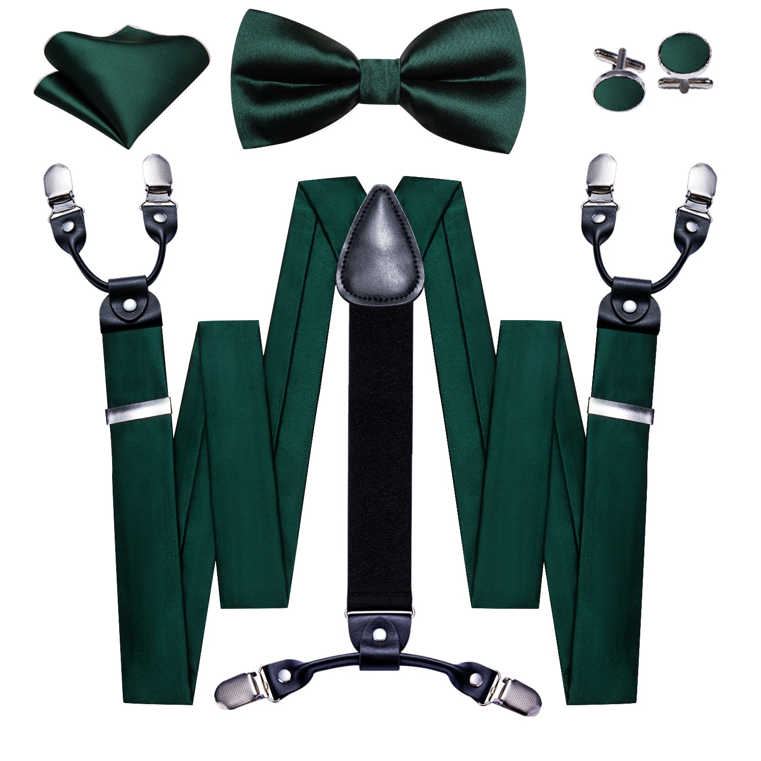 Barry.wang Men's Suspenders Green Solid Y Back Adjustable Bow Tie Suspenders Set