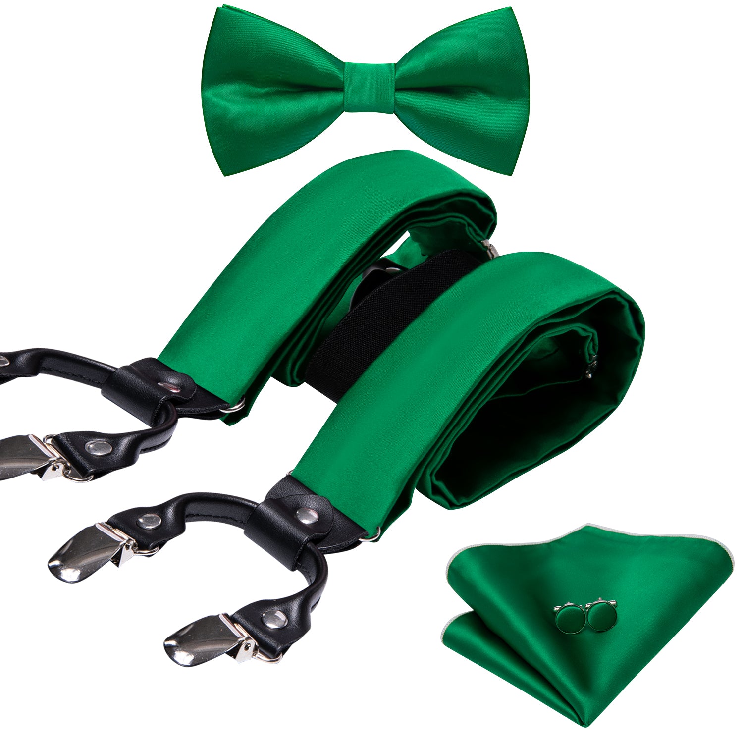 Green Solid Y Back Adjustable Bow Tie Suspenders Set