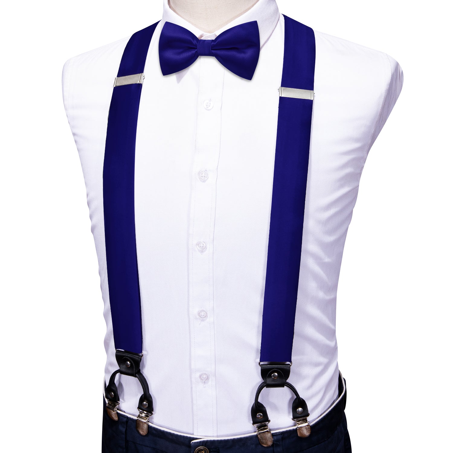 Cobalt Blue Solid Y Back Adjustable Bow Tie Suspenders Set