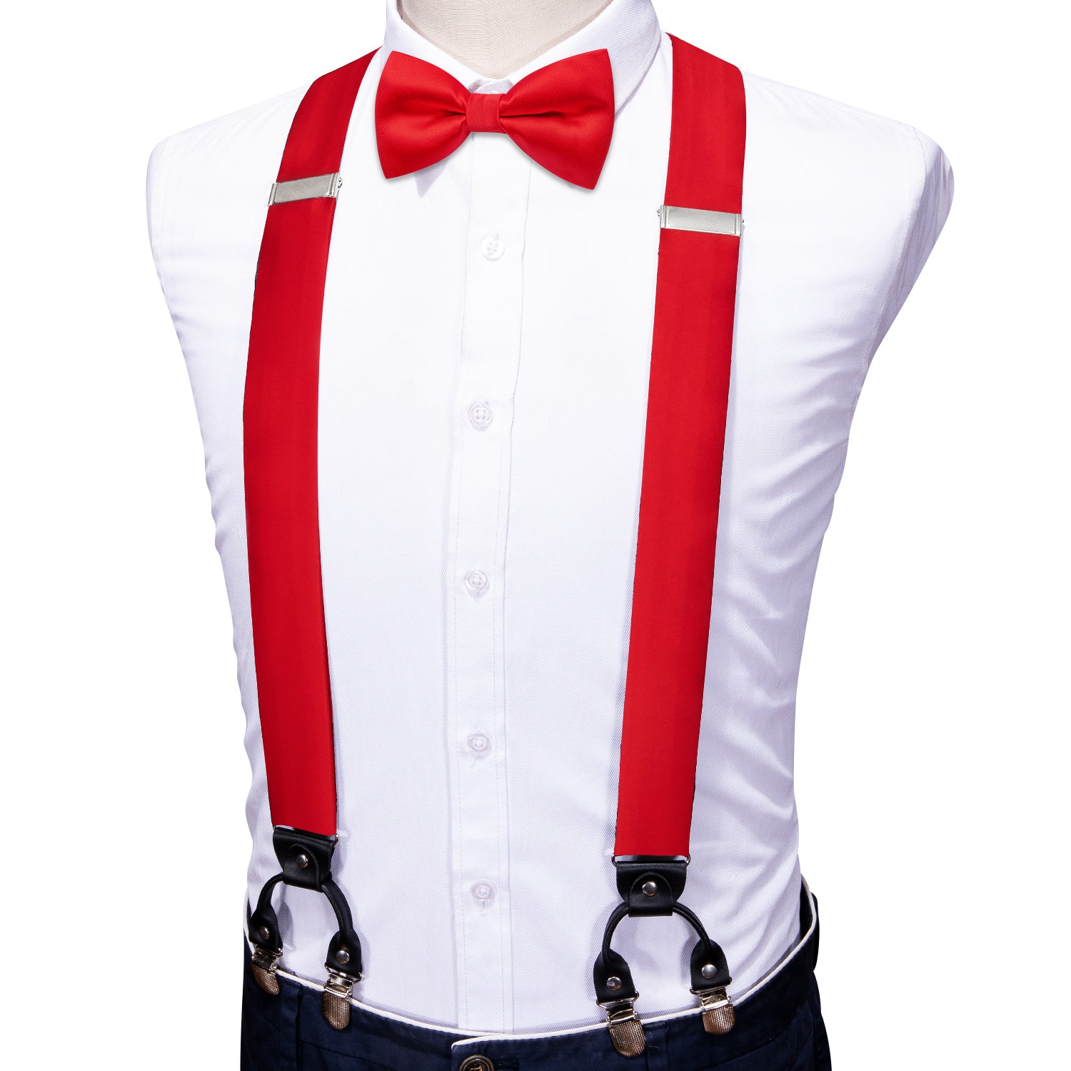 Red Solid Y Back Adjustable Bow Tie Suspenders Set