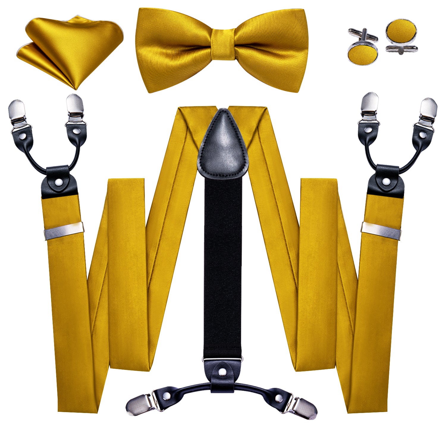 Gold Yellow Solid Y Back Adjustable Bow Tie Suspenders Set